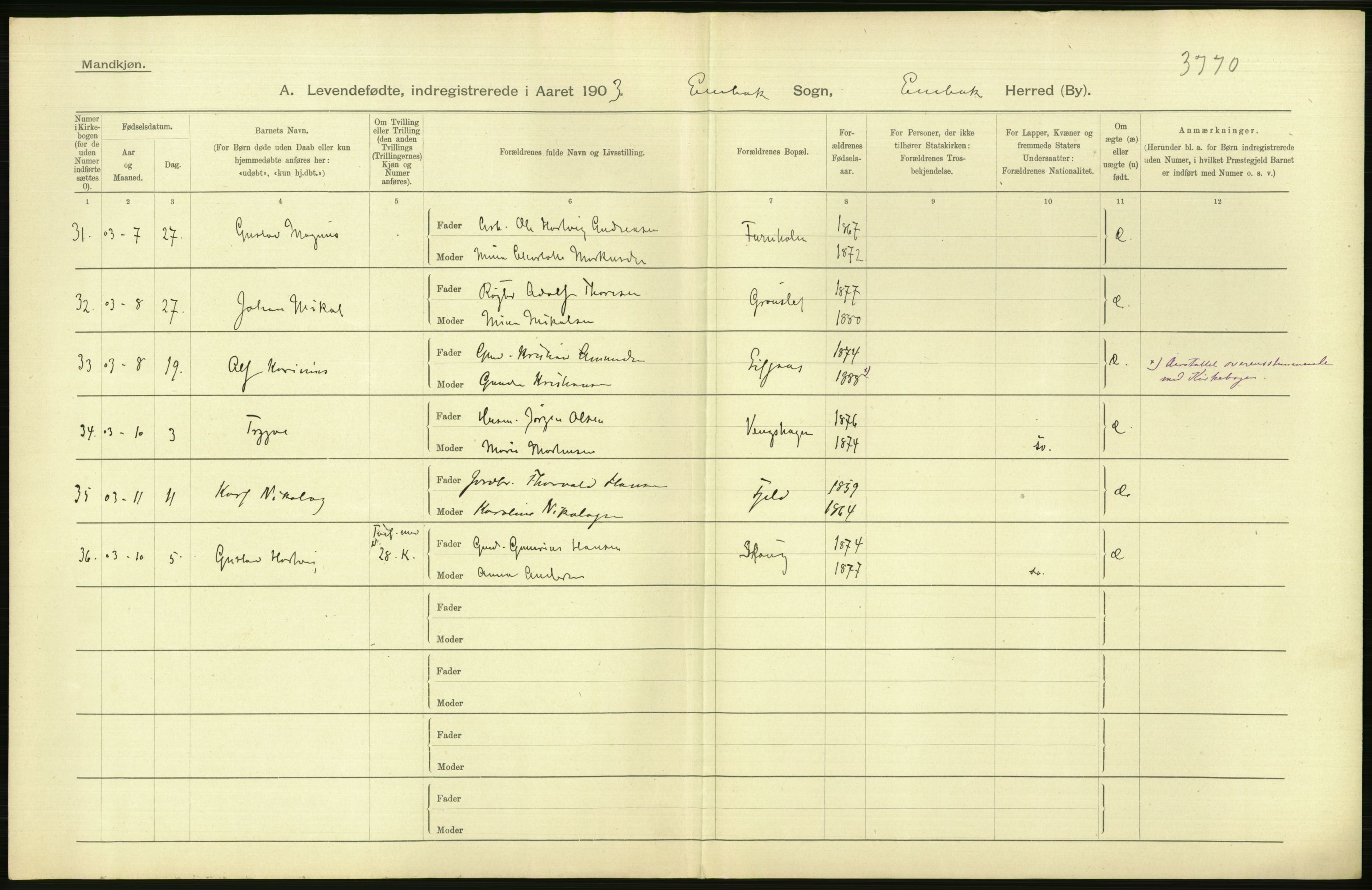 Statistisk sentralbyrå, Sosiodemografiske emner, Befolkning, AV/RA-S-2228/D/Df/Dfa/Dfaa/L0002: Akershus amt: Fødte, gifte, døde, 1903, p. 78