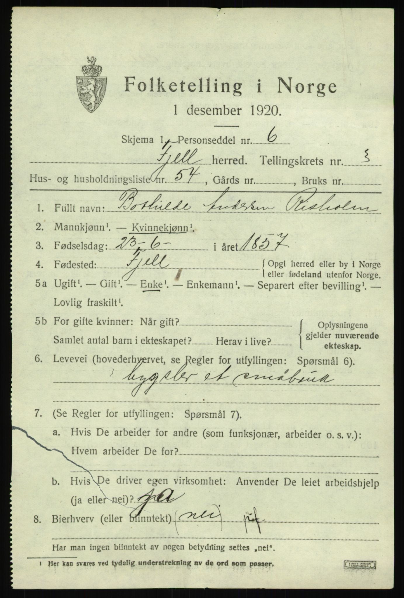 SAB, 1920 census for Fjell, 1920, p. 3680