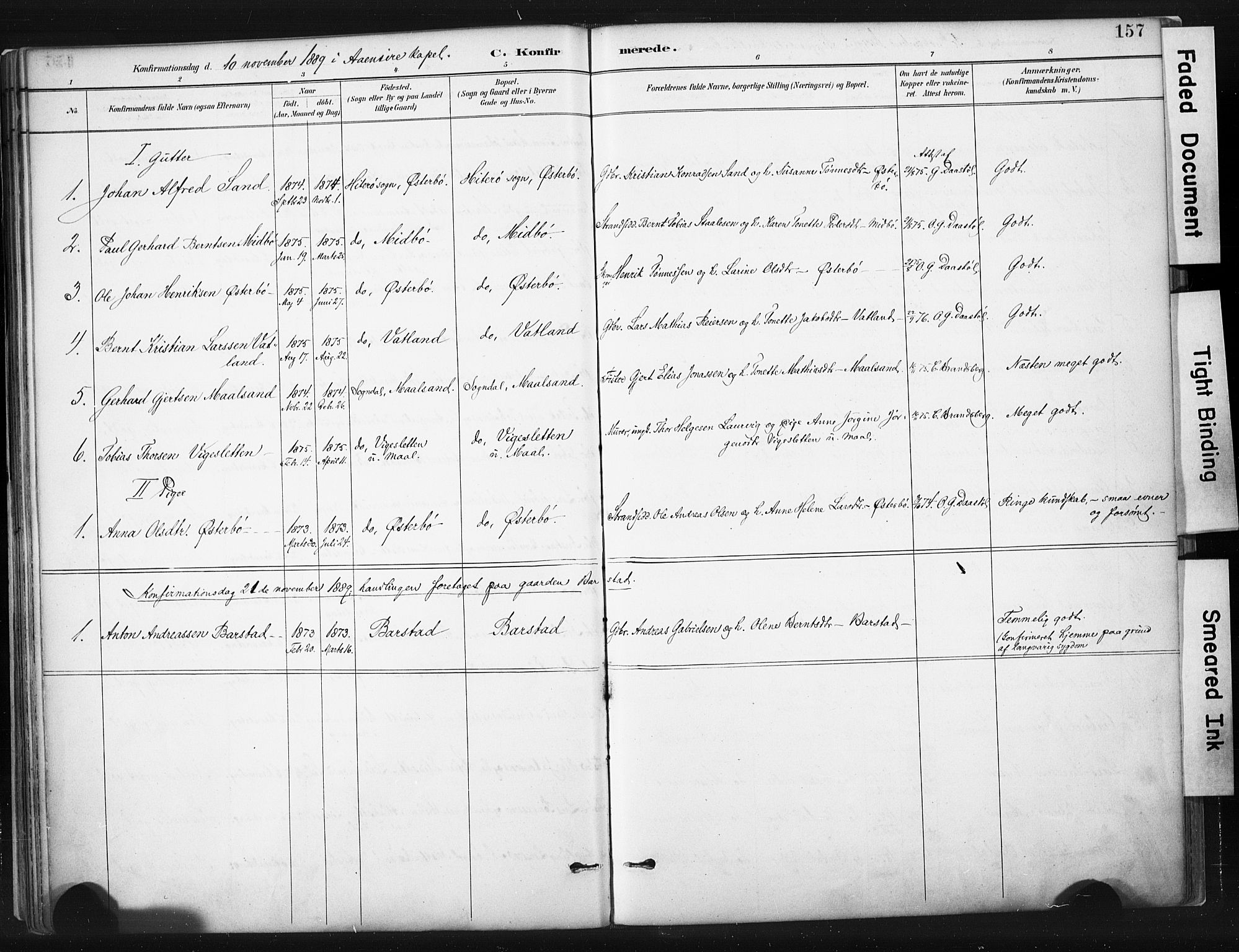 Sokndal sokneprestkontor, AV/SAST-A-101808: Parish register (official) no. A 11.1, 1887-1905, p. 157