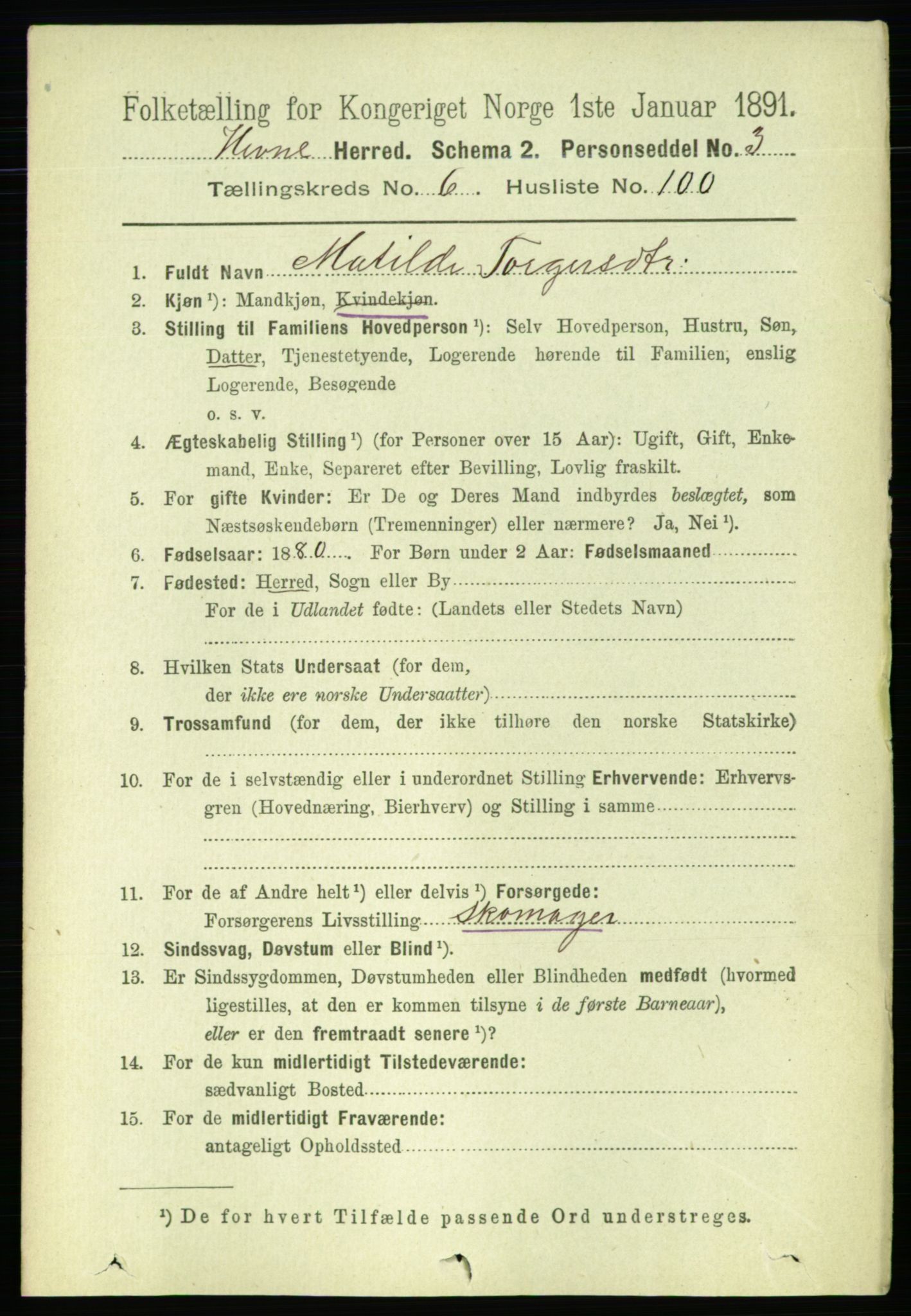 RA, 1891 census for 1612 Hemne, 1891, p. 4042