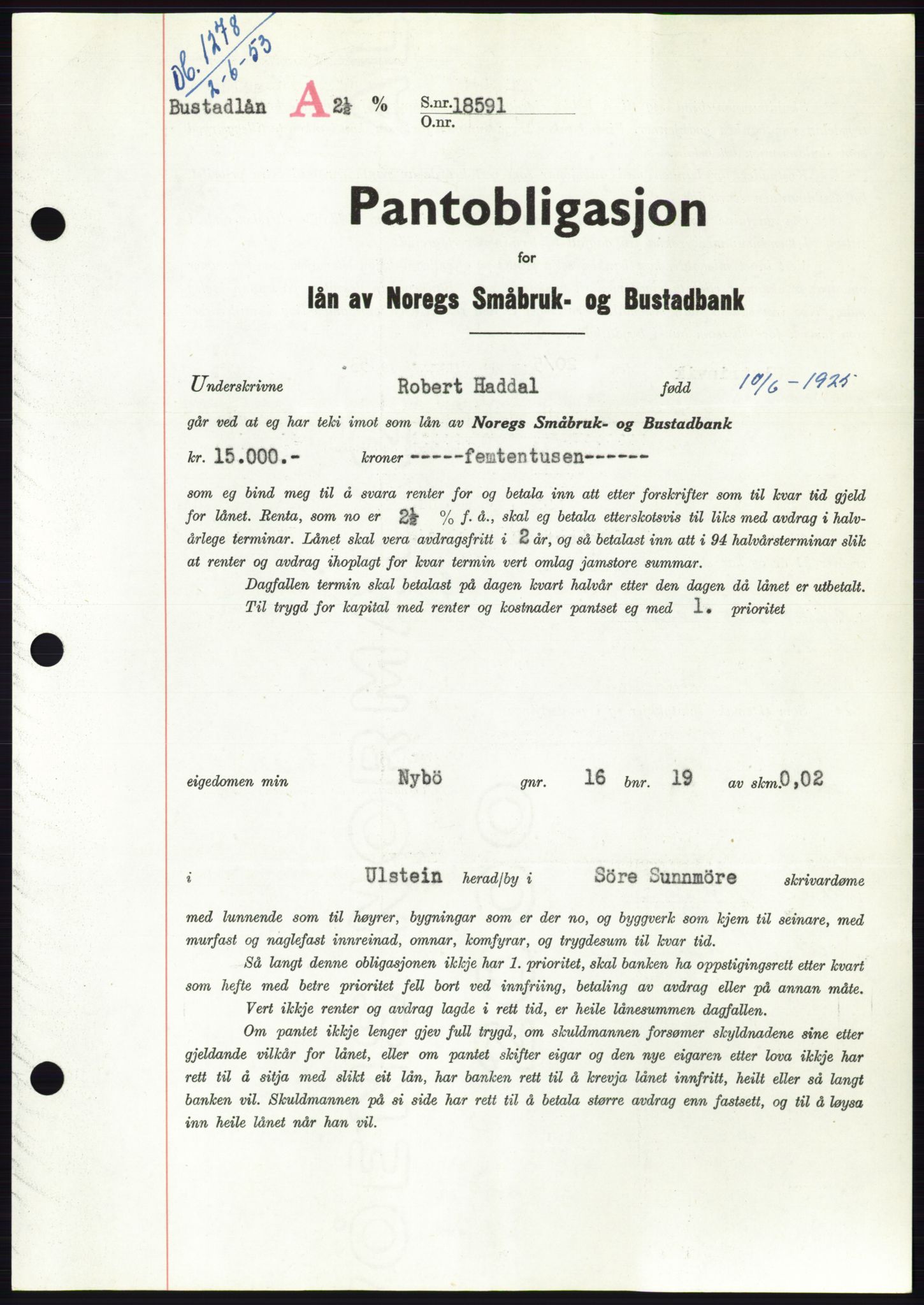 Søre Sunnmøre sorenskriveri, SAT/A-4122/1/2/2C/L0123: Mortgage book no. 11B, 1953-1953, Diary no: : 1278/1953