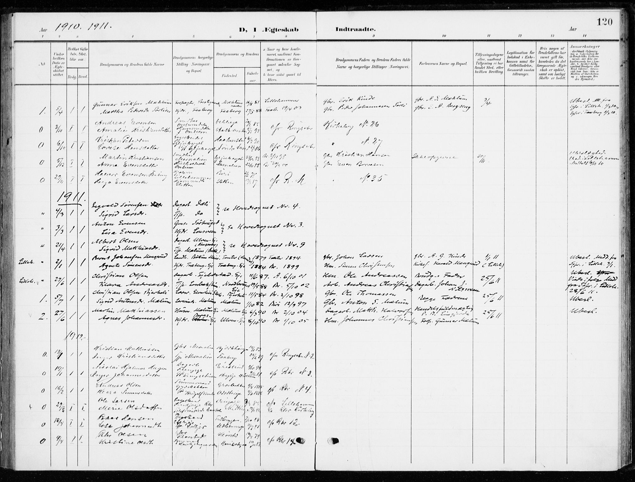 Ringsaker prestekontor, AV/SAH-PREST-014/K/Ka/L0021: Parish register (official) no. 21, 1905-1920, p. 120