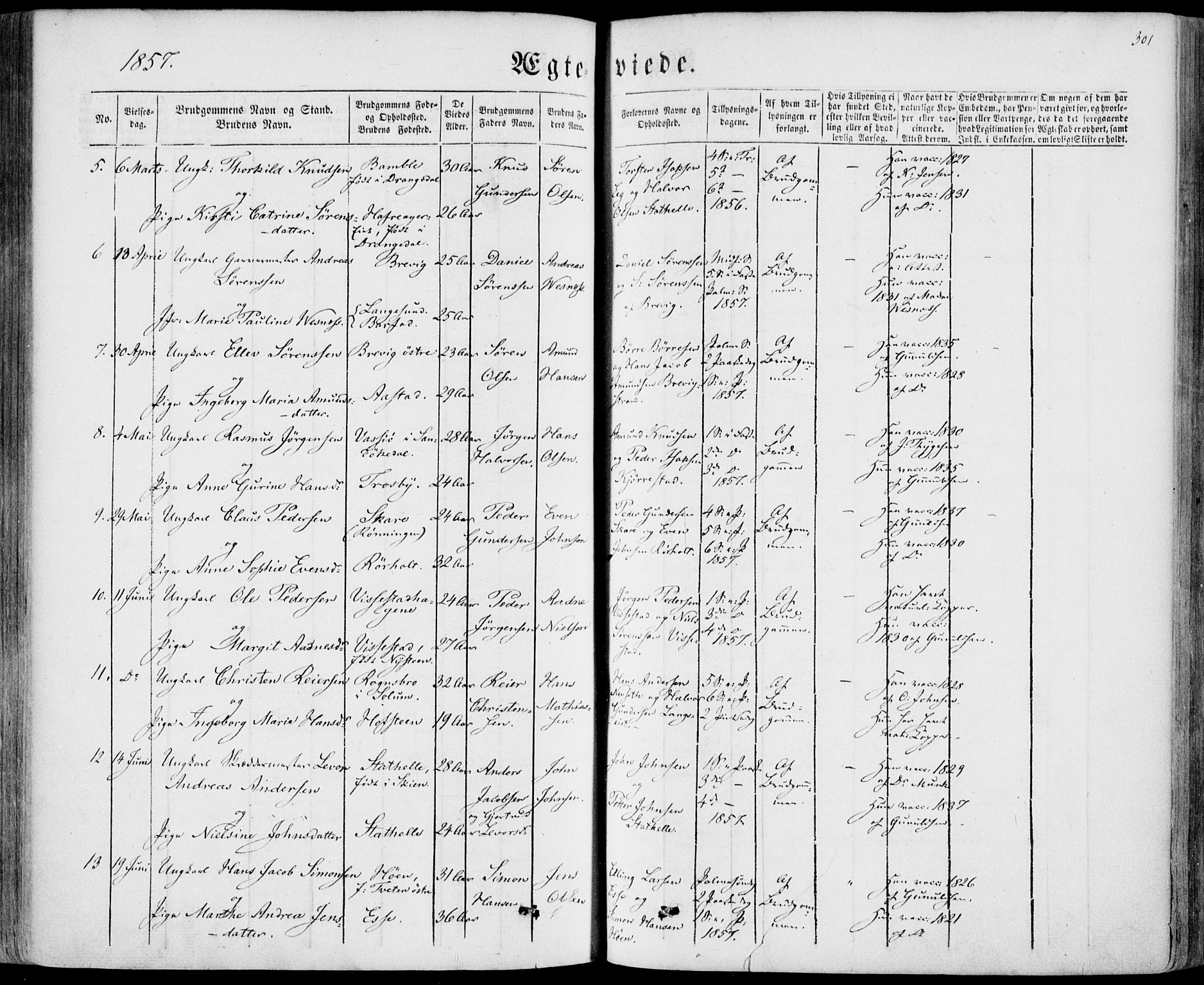 Bamble kirkebøker, SAKO/A-253/F/Fa/L0005: Parish register (official) no. I 5, 1854-1869, p. 301