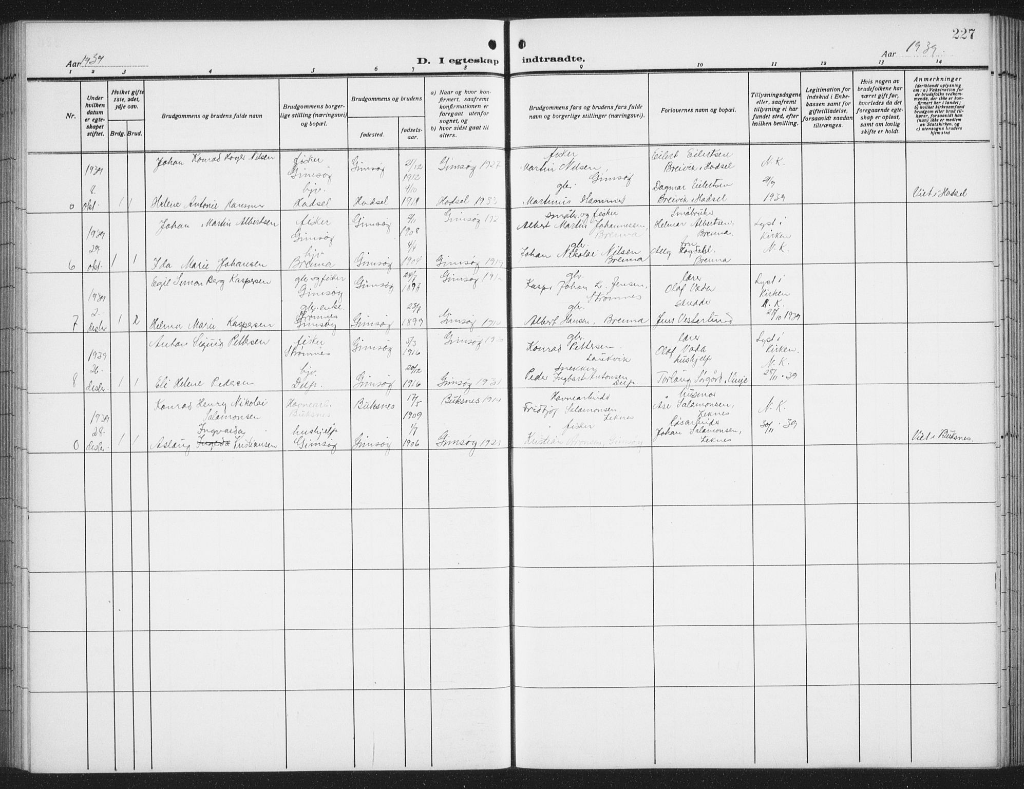 Ministerialprotokoller, klokkerbøker og fødselsregistre - Nordland, AV/SAT-A-1459/876/L1106: Parish register (copy) no. 876C05, 1915-1942, p. 227