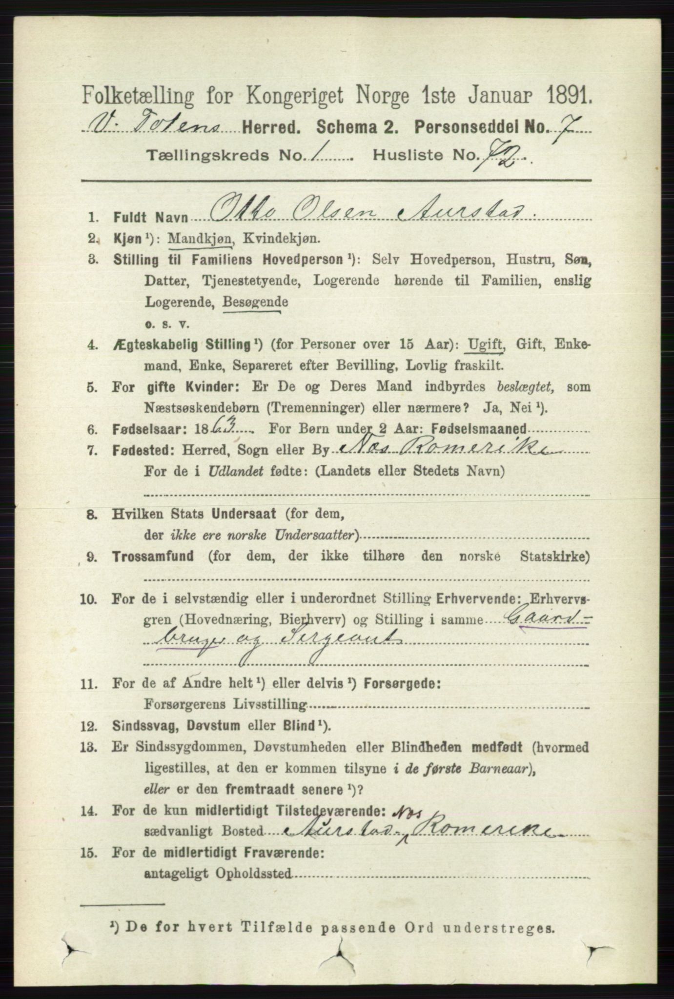 RA, 1891 census for 0529 Vestre Toten, 1891, p. 823