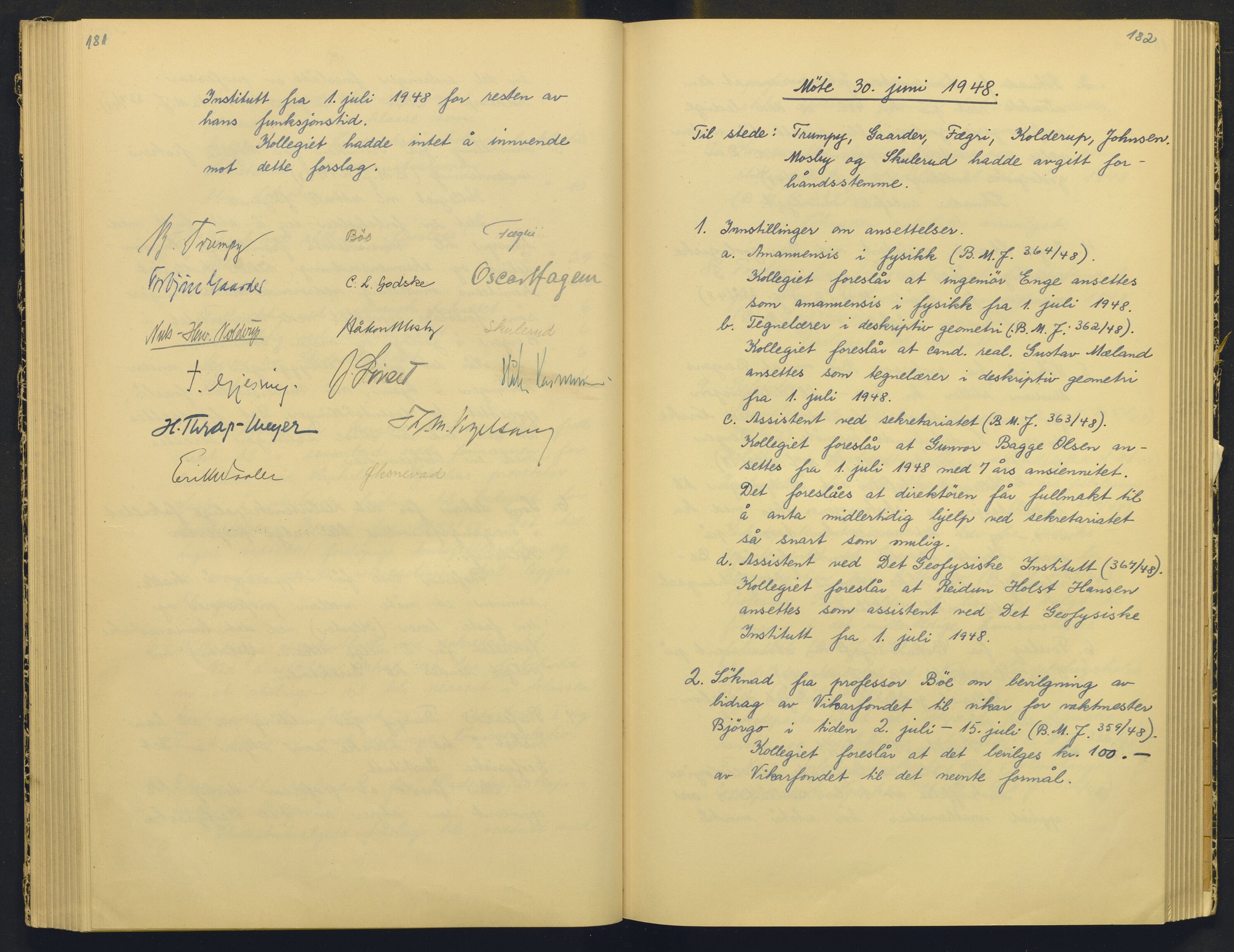 Bergens Museum, AV/SAB-A-17301/18/A/L0004: Professorkollegiets møtebok med register , 1945-1949, p. 181-182