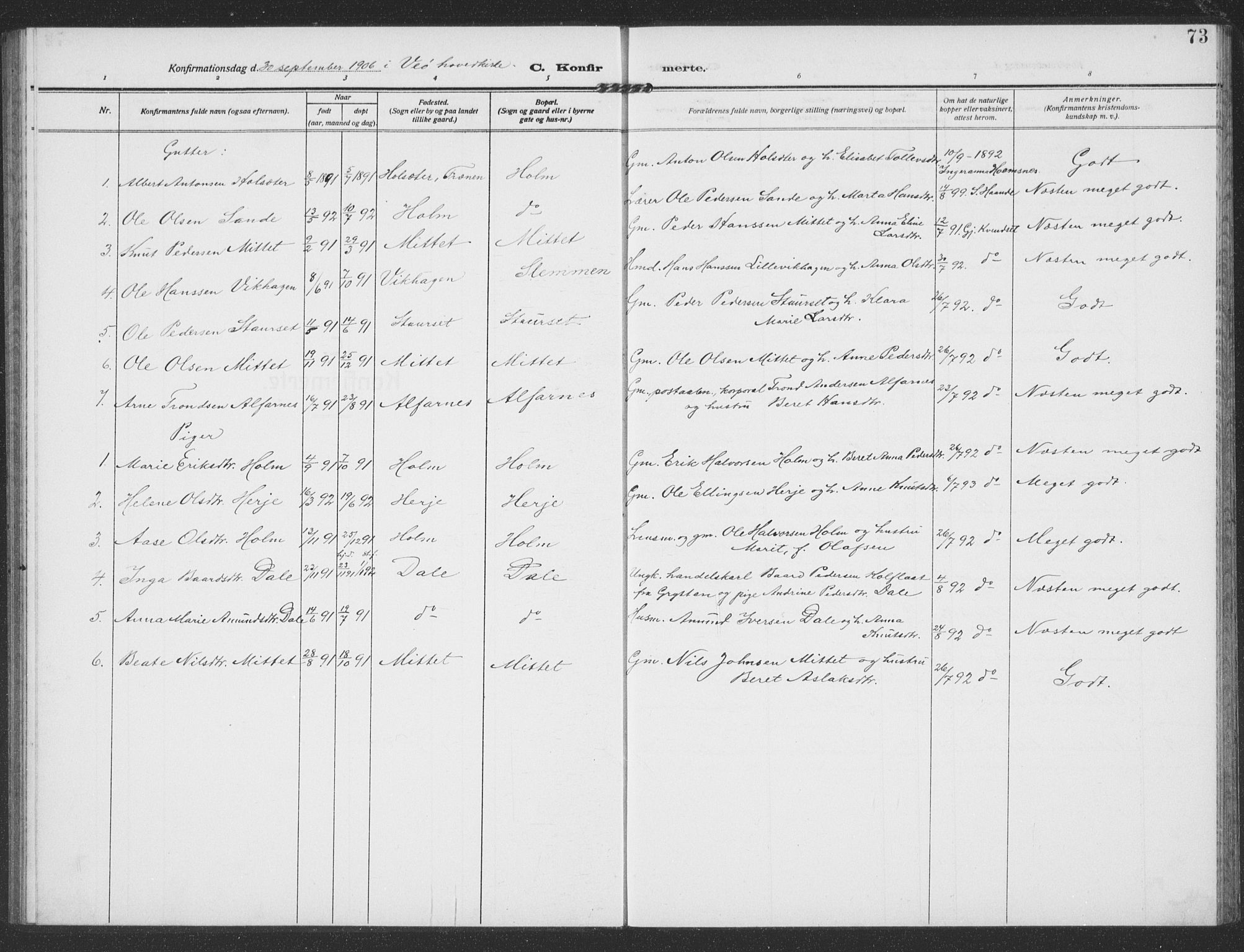 Ministerialprotokoller, klokkerbøker og fødselsregistre - Møre og Romsdal, AV/SAT-A-1454/549/L0615: Parish register (copy) no. 549C01, 1905-1932, p. 73