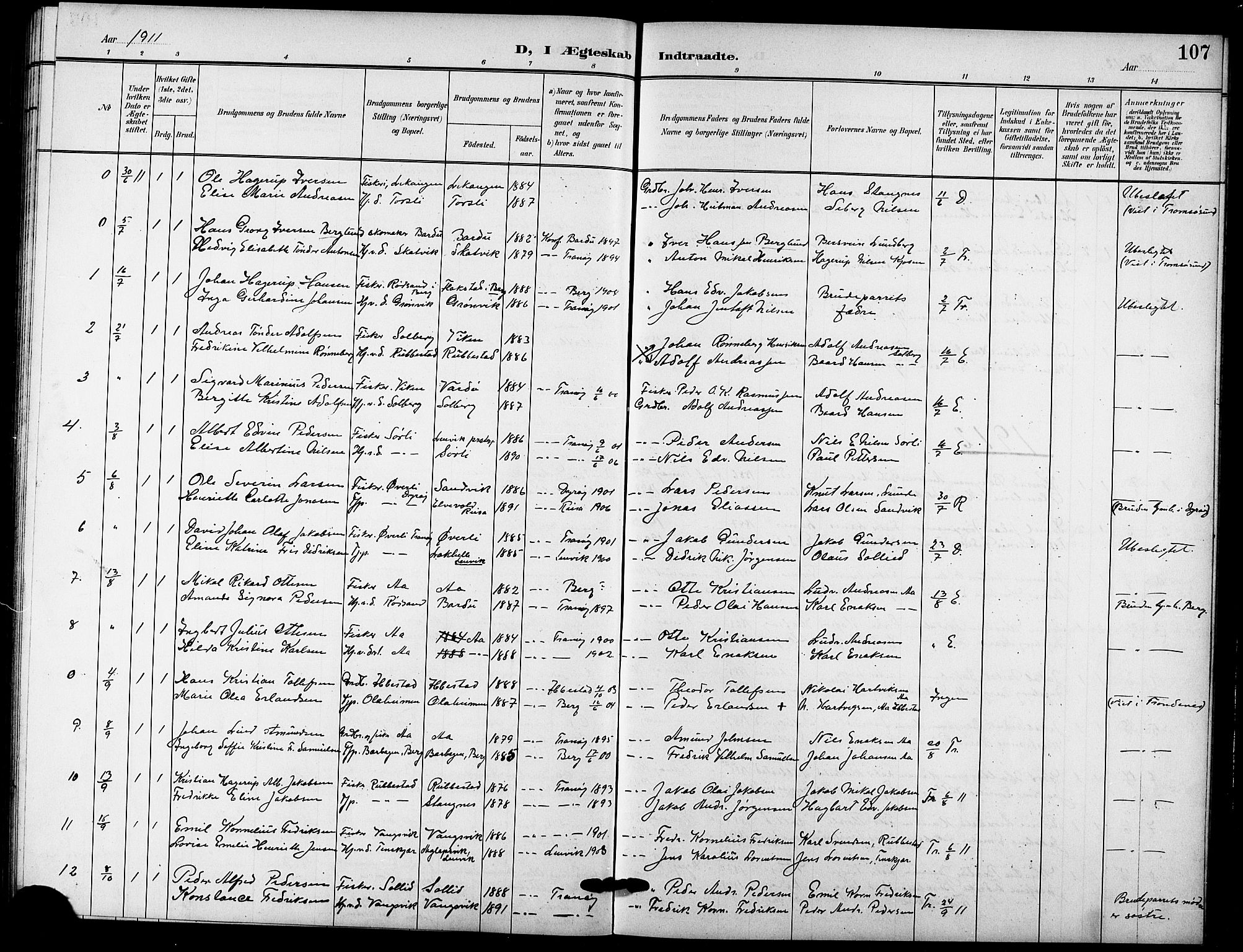 Tranøy sokneprestkontor, AV/SATØ-S-1313/I/Ia/Iab/L0005klokker: Parish register (copy) no. 5, 1902-1919, p. 107