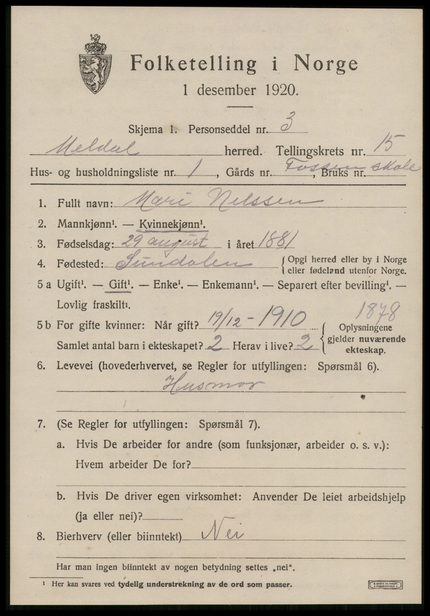 SAT, 1920 census for Meldal, 1920, p. 10477