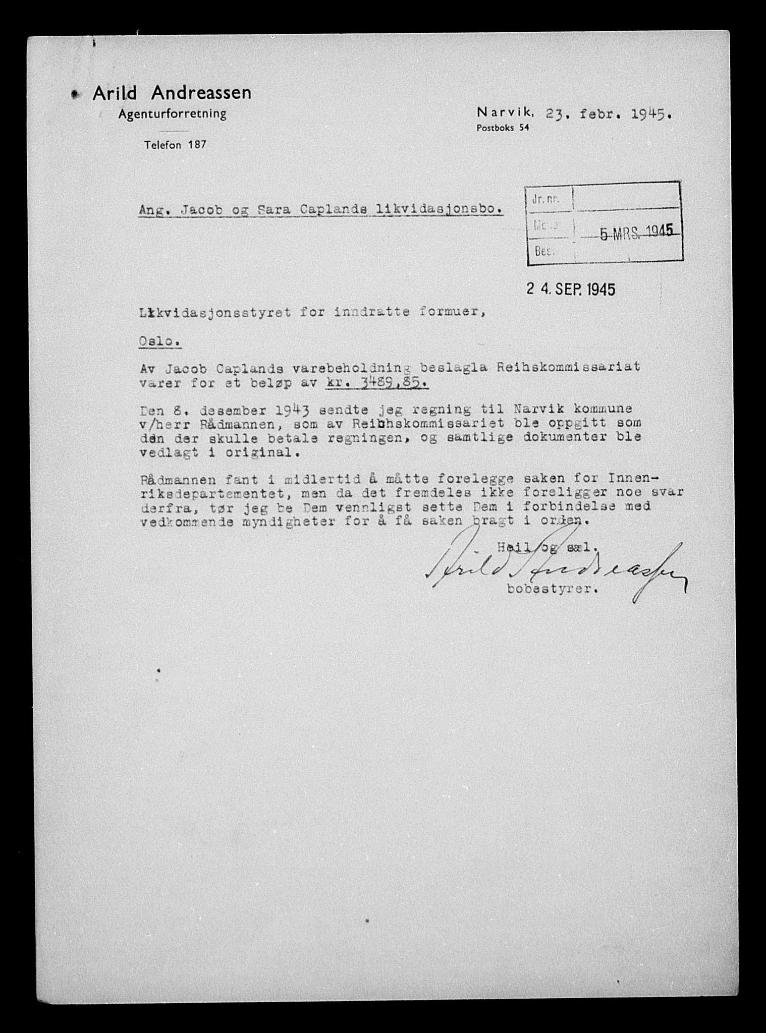 Justisdepartementet, Tilbakeføringskontoret for inndratte formuer, AV/RA-S-1564/H/Hc/Hcb/L0911: --, 1945-1947, p. 423