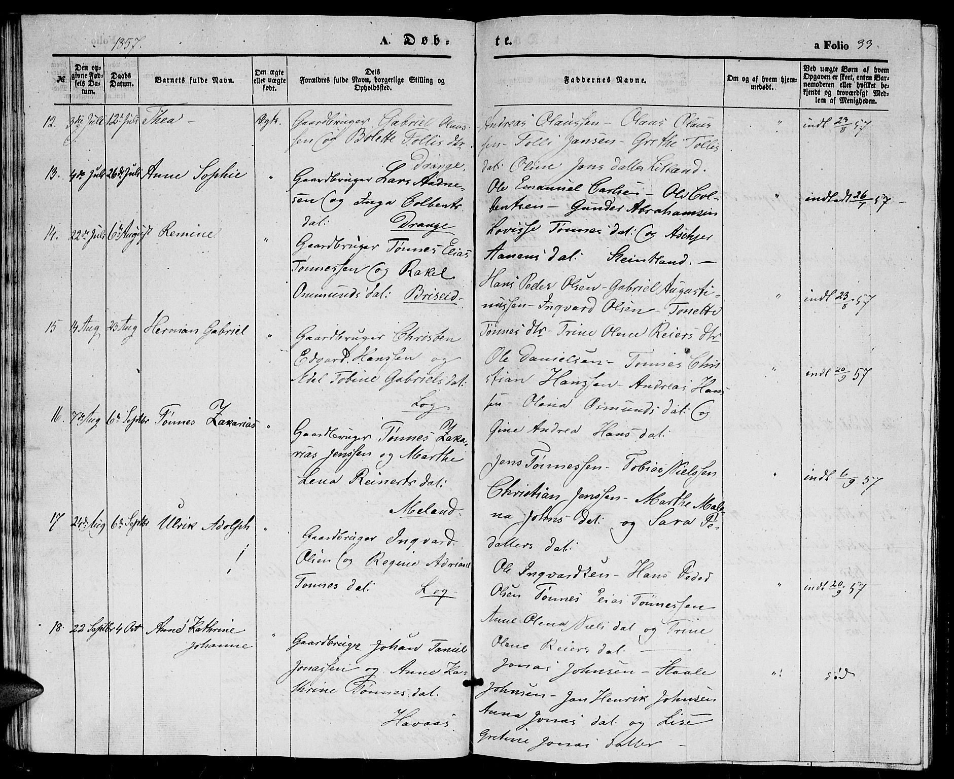 Herad sokneprestkontor, AV/SAK-1111-0018/F/Fb/Fba/L0002: Parish register (copy) no. B 2, 1852-1862, p. 33