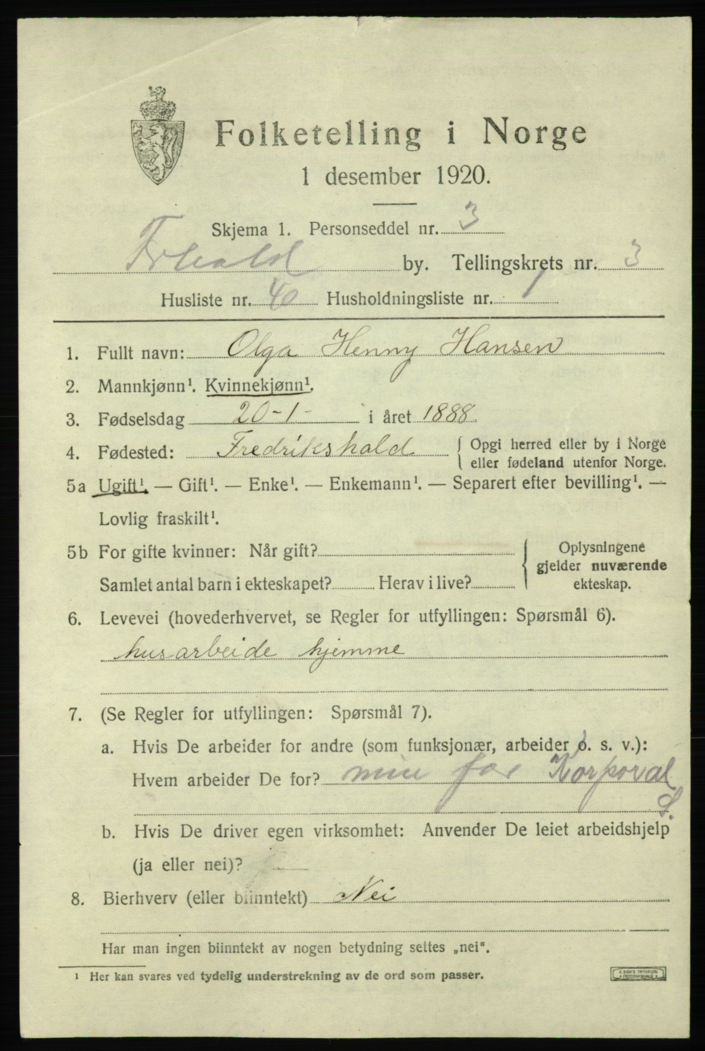 SAO, 1920 census for Fredrikshald, 1920, p. 11258