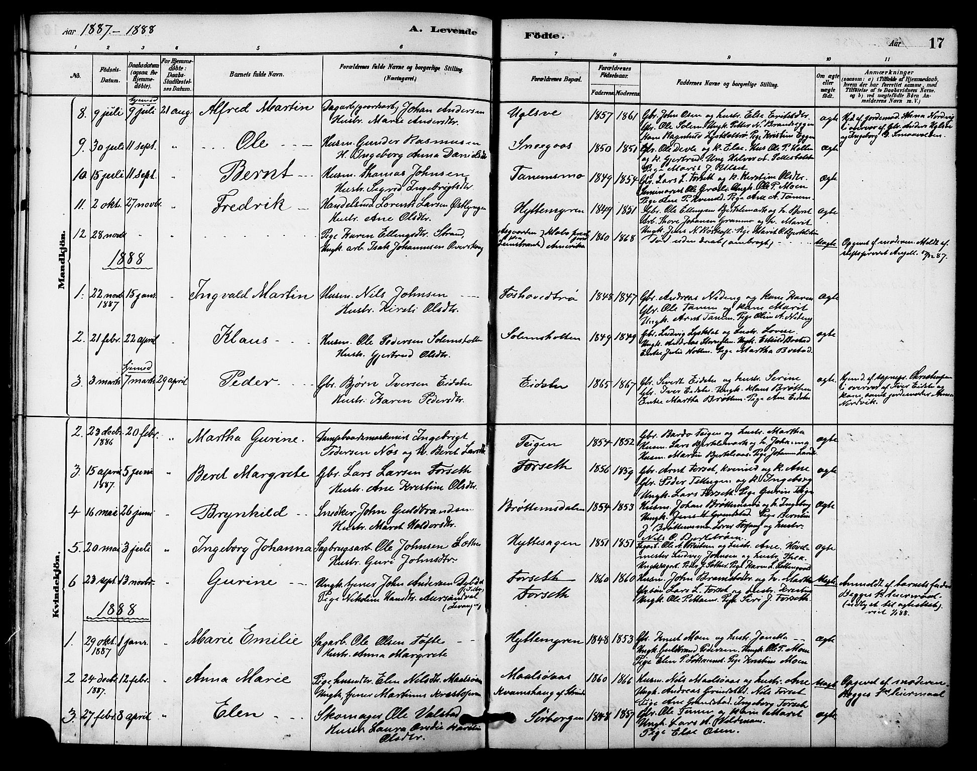 Ministerialprotokoller, klokkerbøker og fødselsregistre - Sør-Trøndelag, SAT/A-1456/618/L0444: Parish register (official) no. 618A07, 1880-1898, p. 17