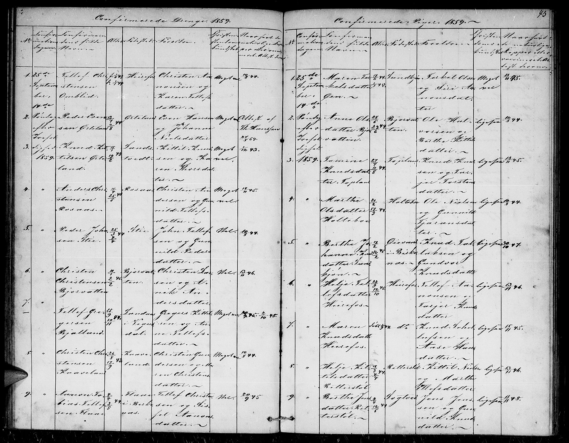 Herefoss sokneprestkontor, SAK/1111-0019/F/Fb/Fba/L0001: Parish register (copy) no. B 1, 1851-1868, p. 45
