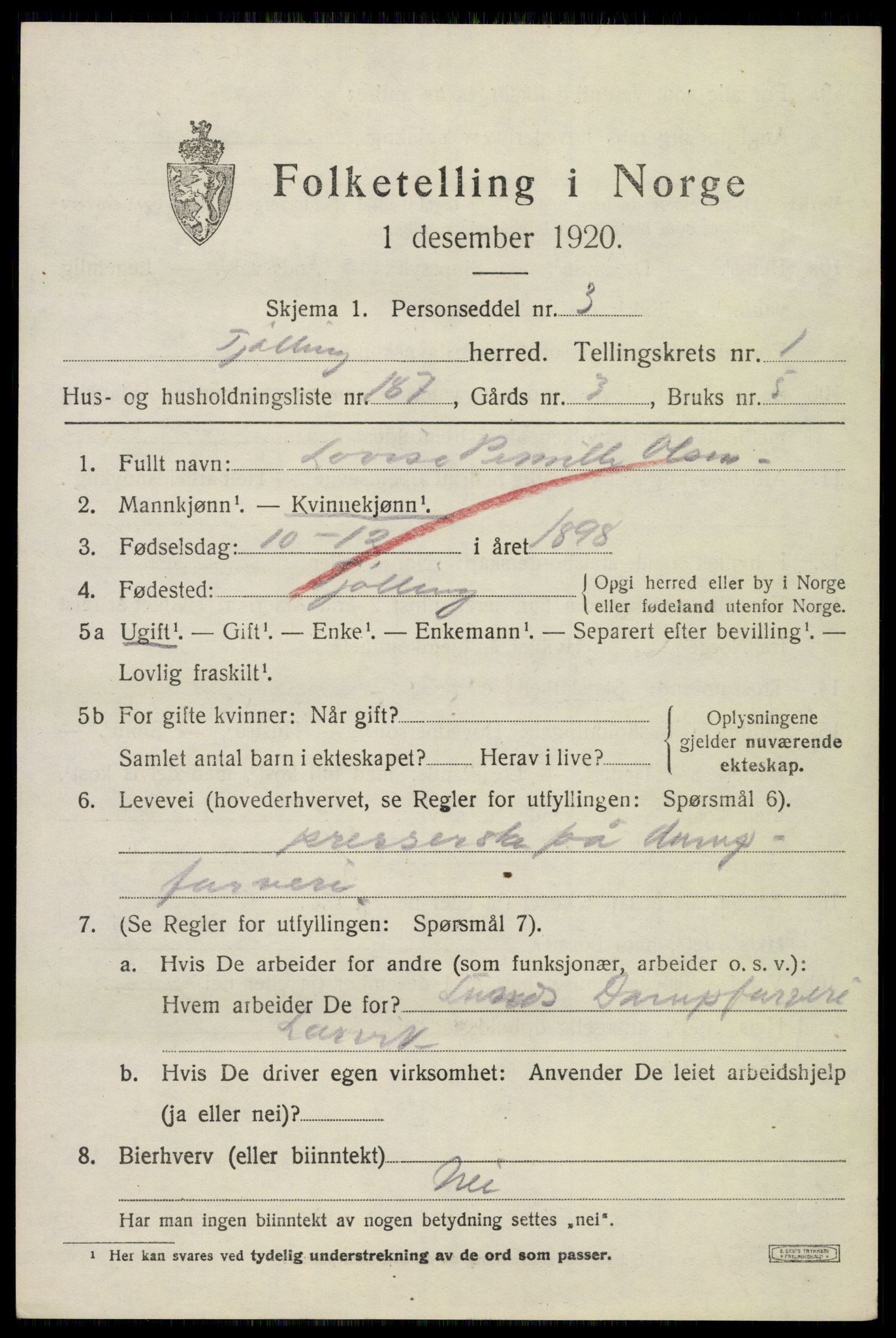 SAKO, 1920 census for Tjølling, 1920, p. 3699