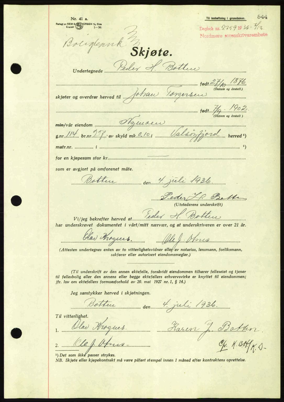 Nordmøre sorenskriveri, AV/SAT-A-4132/1/2/2Ca: Mortgage book no. A80, 1936-1937, Diary no: : 2759/1936