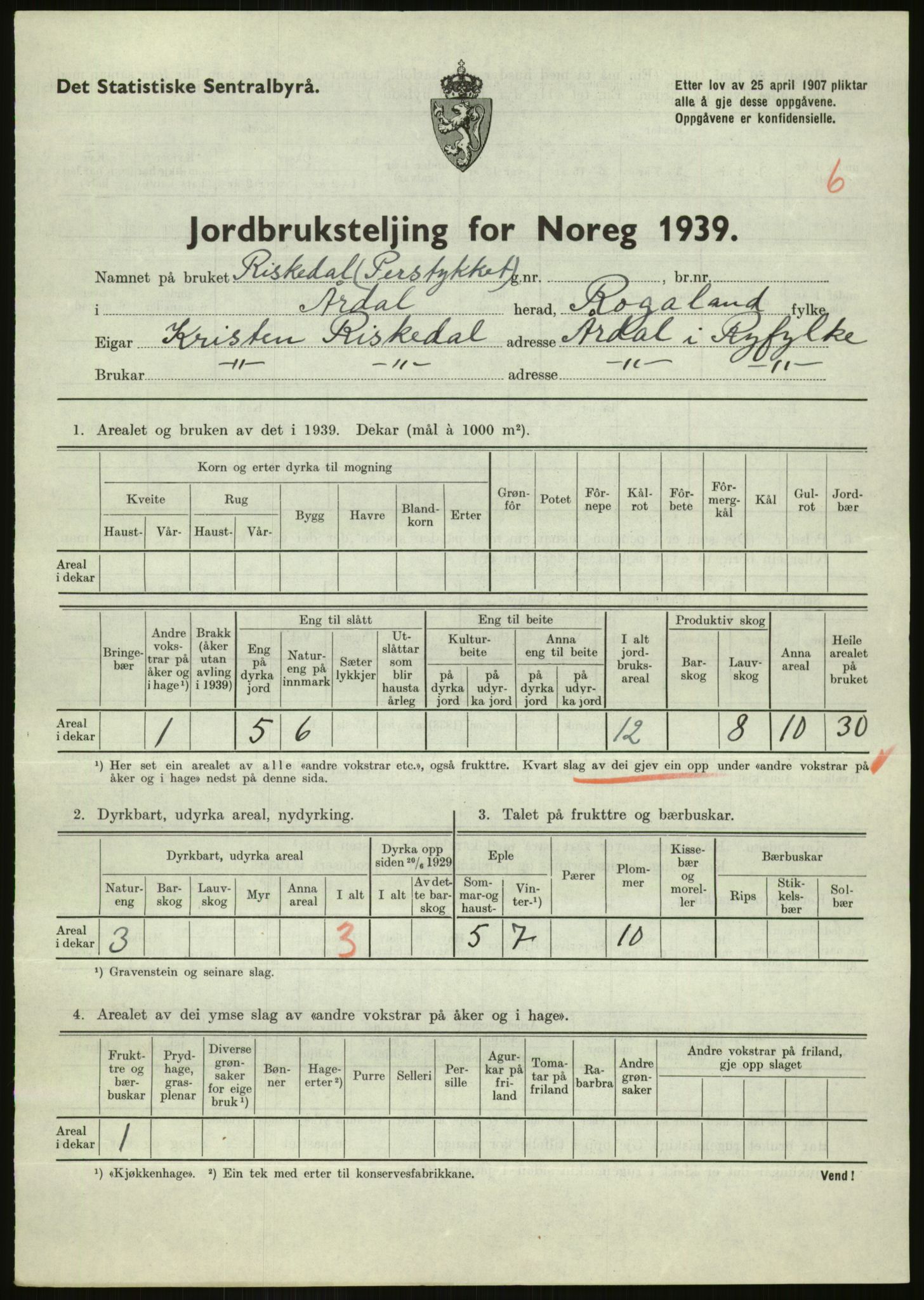 Statistisk sentralbyrå, Næringsøkonomiske emner, Jordbruk, skogbruk, jakt, fiske og fangst, AV/RA-S-2234/G/Gb/L0184: Rogaland: Årdal, Fister og Hjelmeland, 1939, p. 491