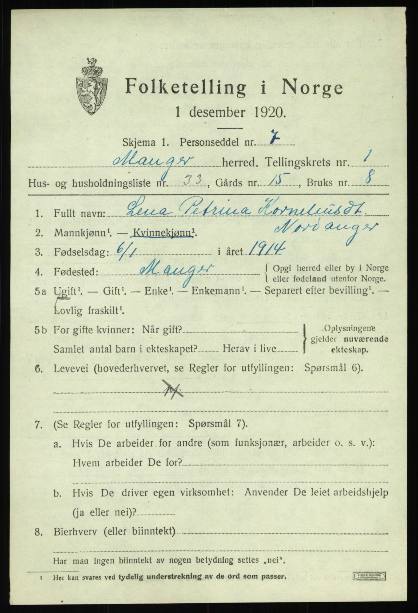 SAB, 1920 census for Manger, 1920, p. 1917