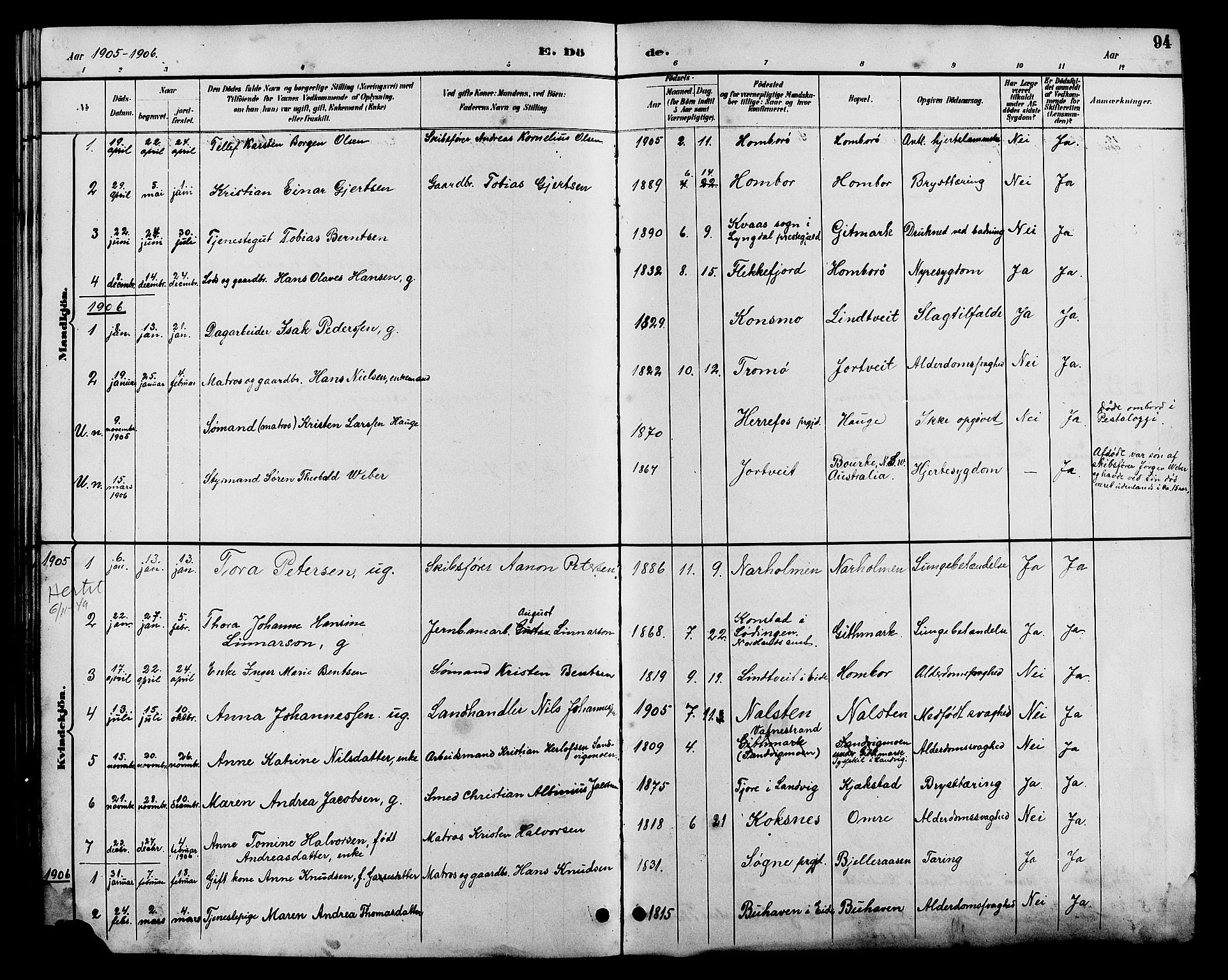 Hommedal sokneprestkontor, AV/SAK-1111-0023/F/Fb/Fba/L0004: Parish register (copy) no. B 4, 1885-1908, p. 94