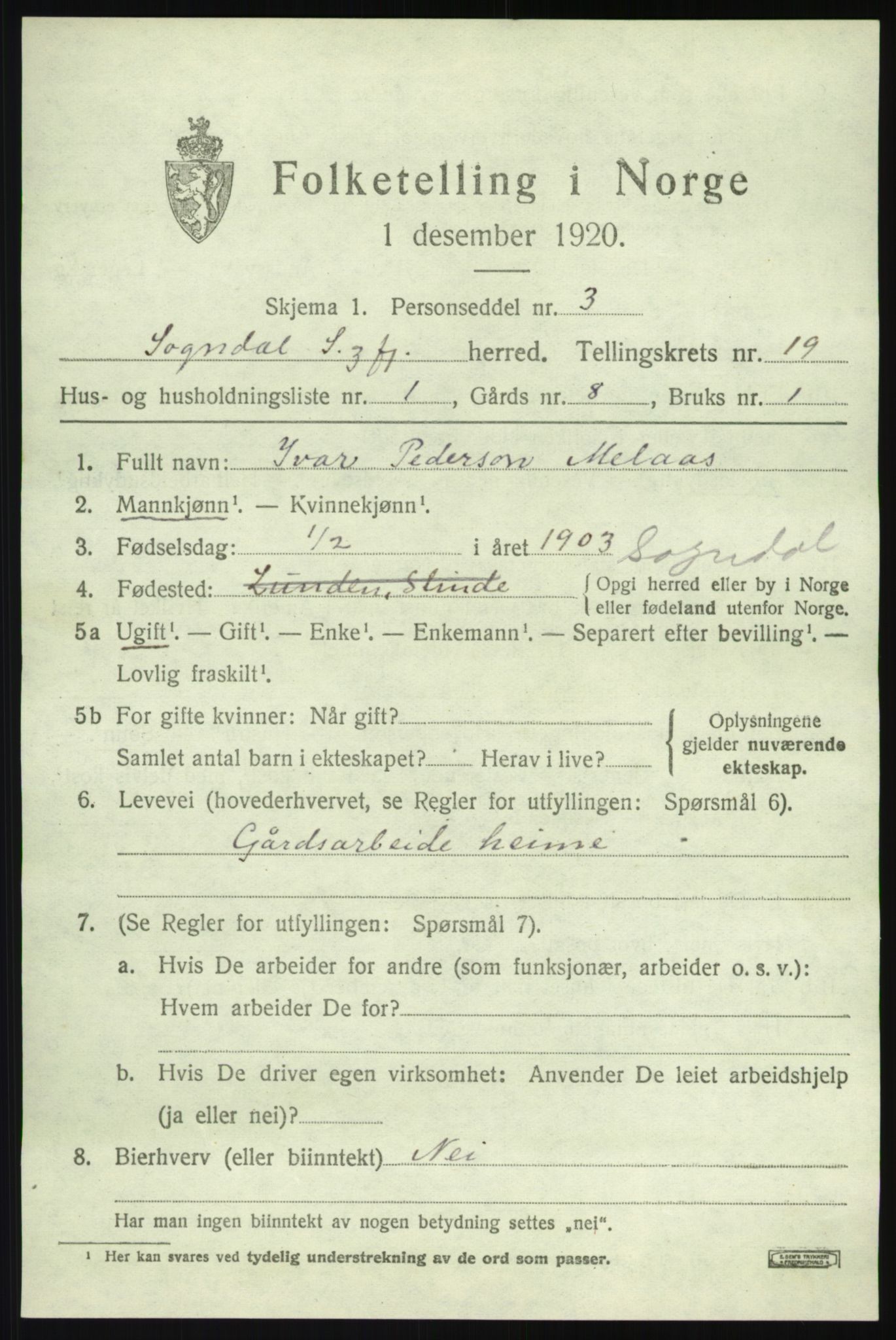 SAB, 1920 census for Sogndal, 1920, p. 7077