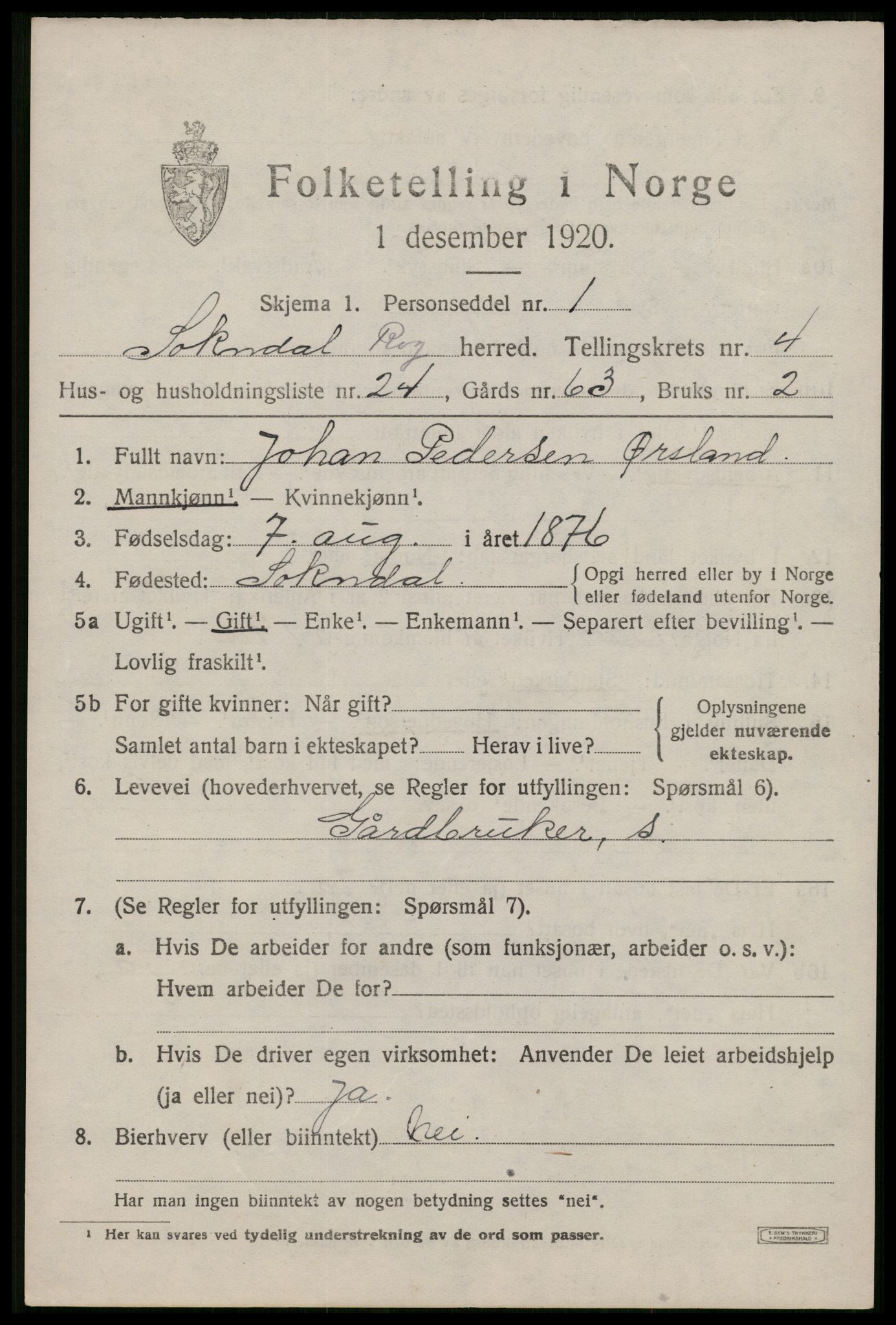 SAST, 1920 census for Sokndal, 1920, p. 3099