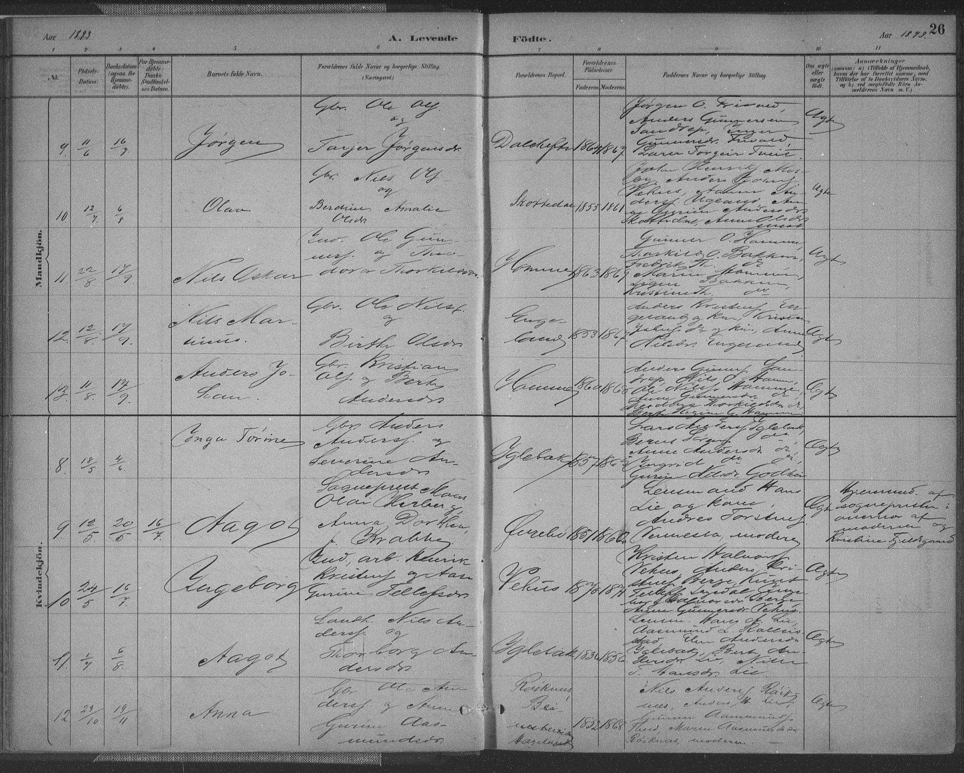 Vennesla sokneprestkontor, AV/SAK-1111-0045/Fa/Fac/L0009: Parish register (official) no. A 9, 1884-1901, p. 26