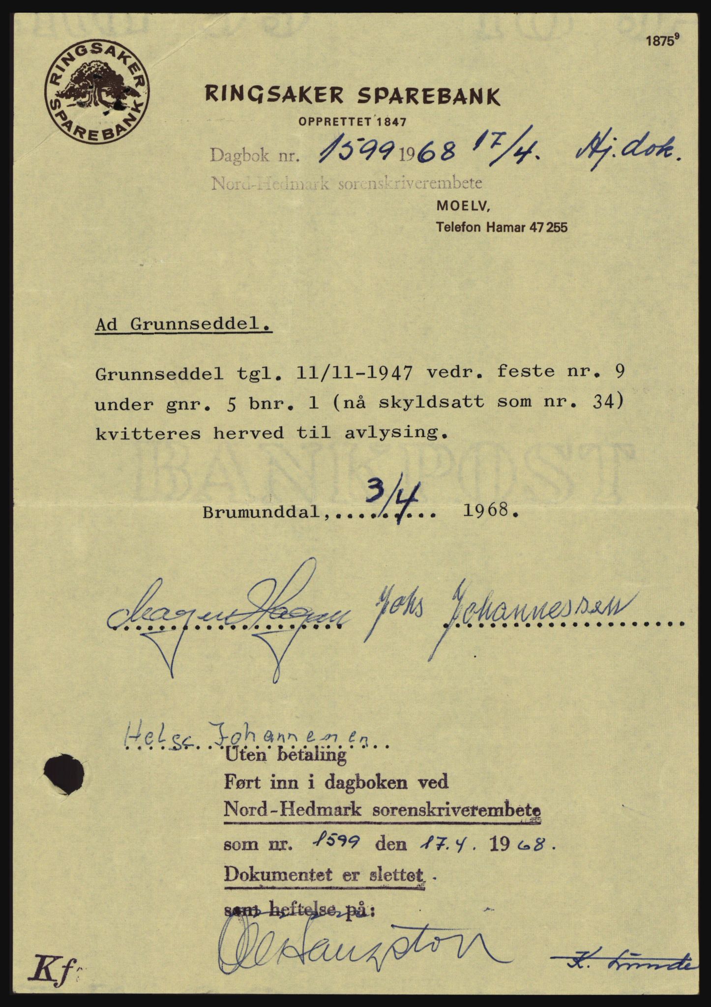 Nord-Hedmark sorenskriveri, SAH/TING-012/H/Hc/L0027: Mortgage book no. 27, 1967-1968, Diary no: : 1599/1968