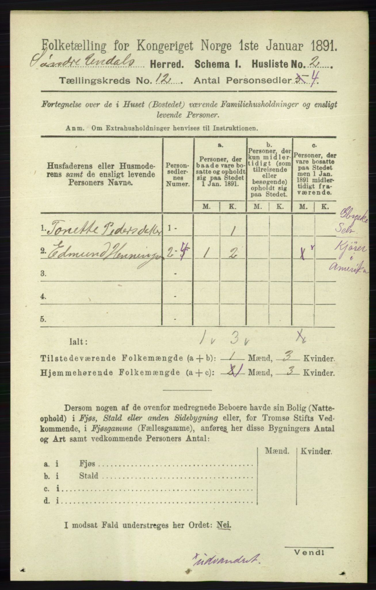 RA, 1891 census for 1029 Sør-Audnedal, 1891, p. 5458