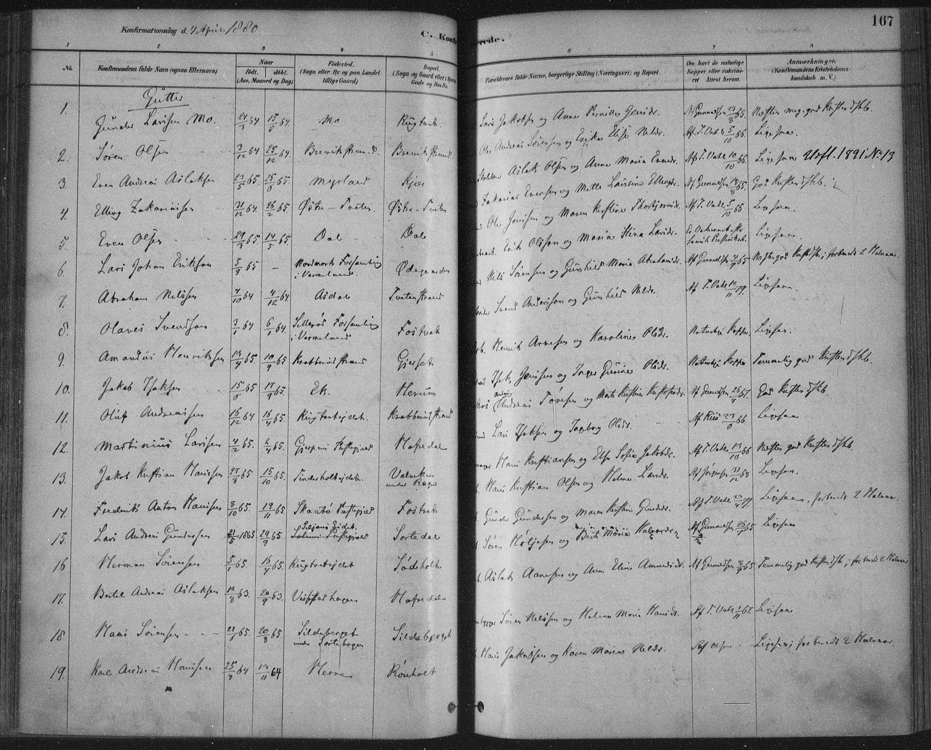 Bamble kirkebøker, SAKO/A-253/F/Fa/L0007: Parish register (official) no. I 7, 1878-1888, p. 167