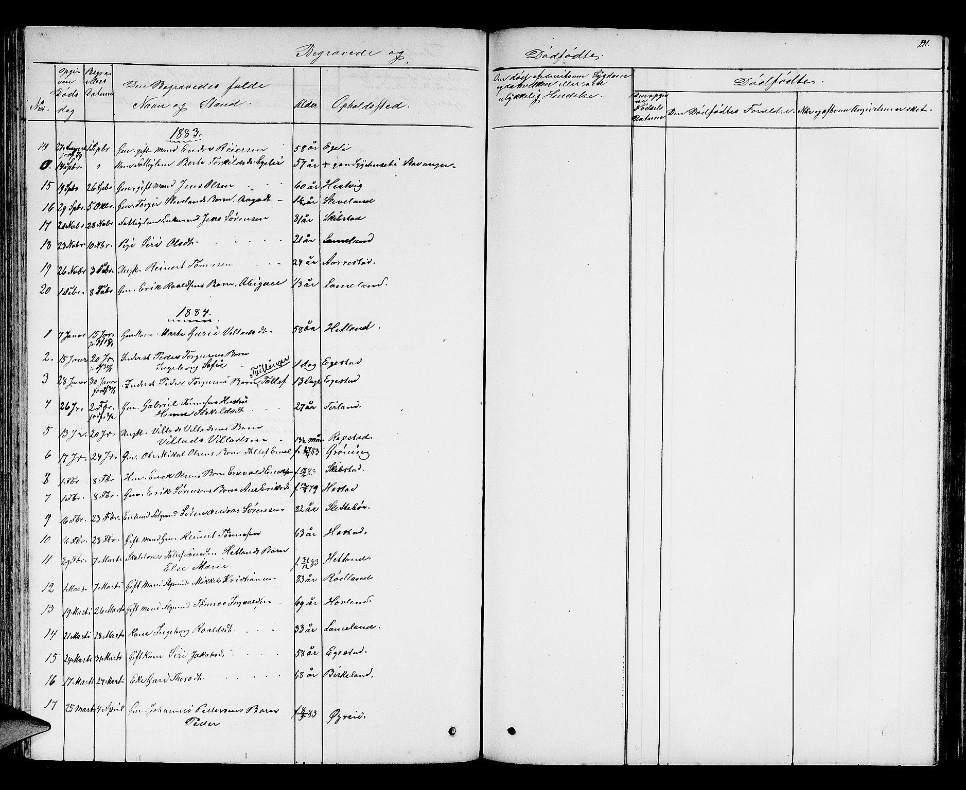 Helleland sokneprestkontor, SAST/A-101810: Parish register (copy) no. B 2, 1848-1886, p. 241
