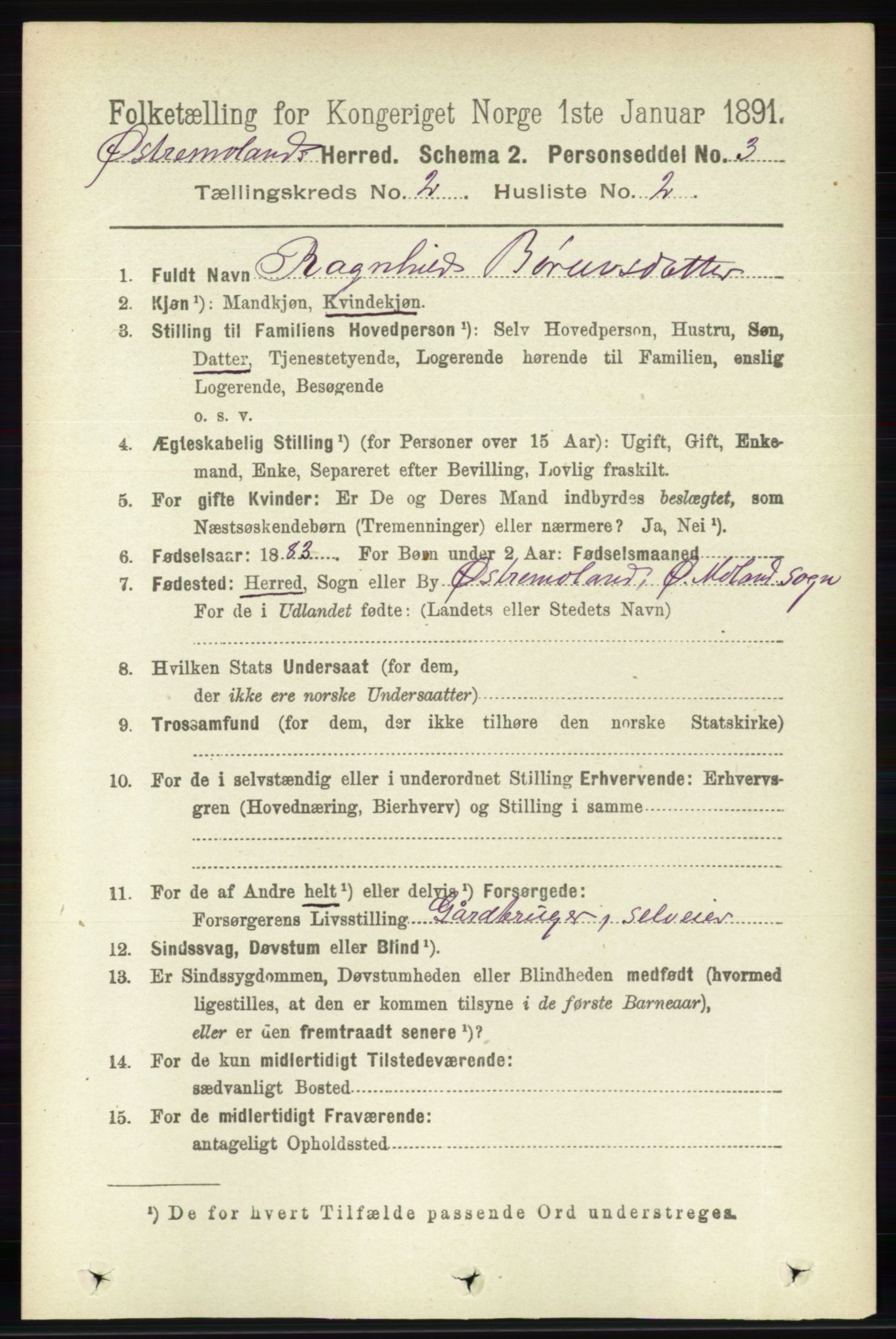 RA, 1891 census for 0918 Austre Moland, 1891, p. 685
