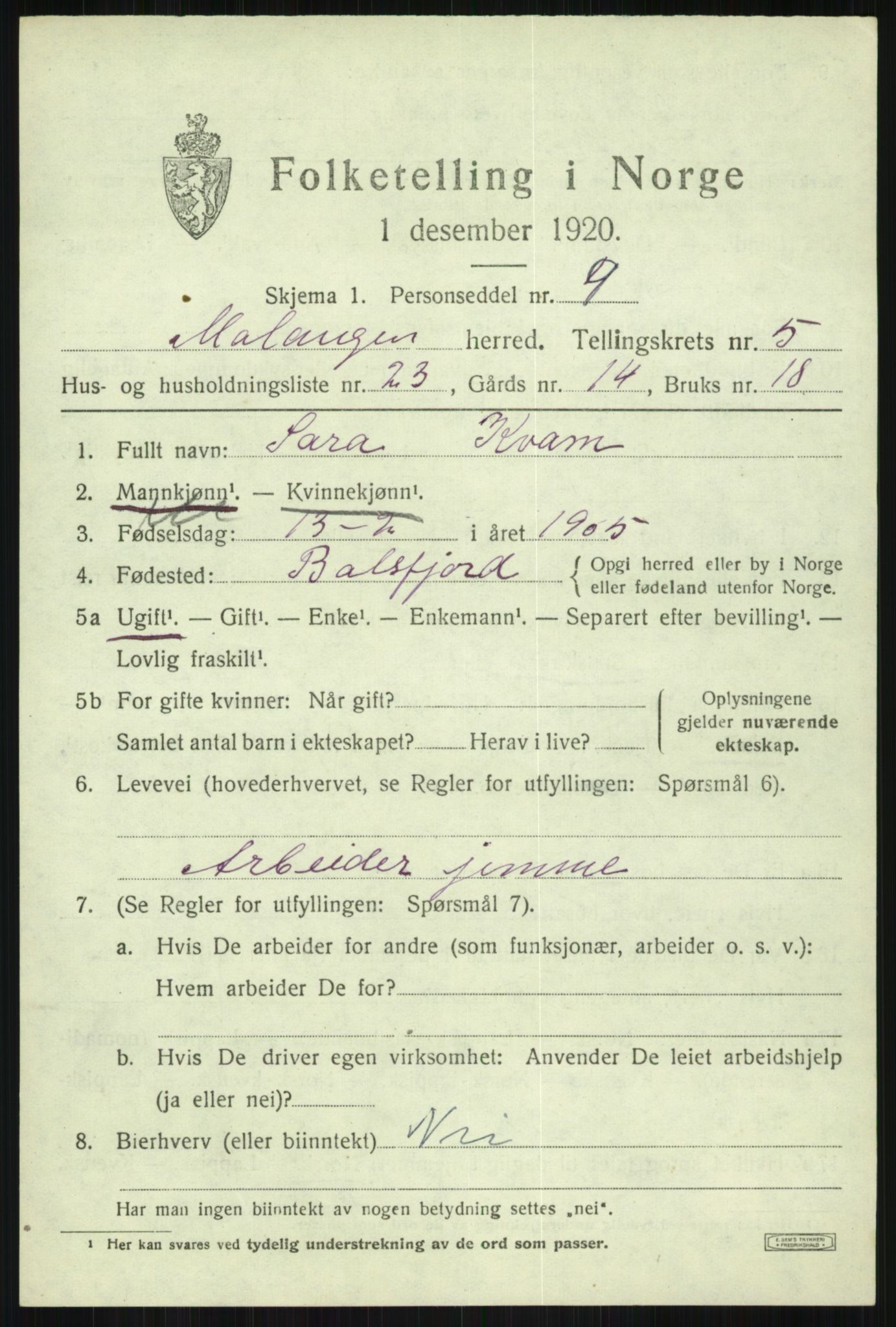 SATØ, 1920 census for Malangen, 1920, p. 2182