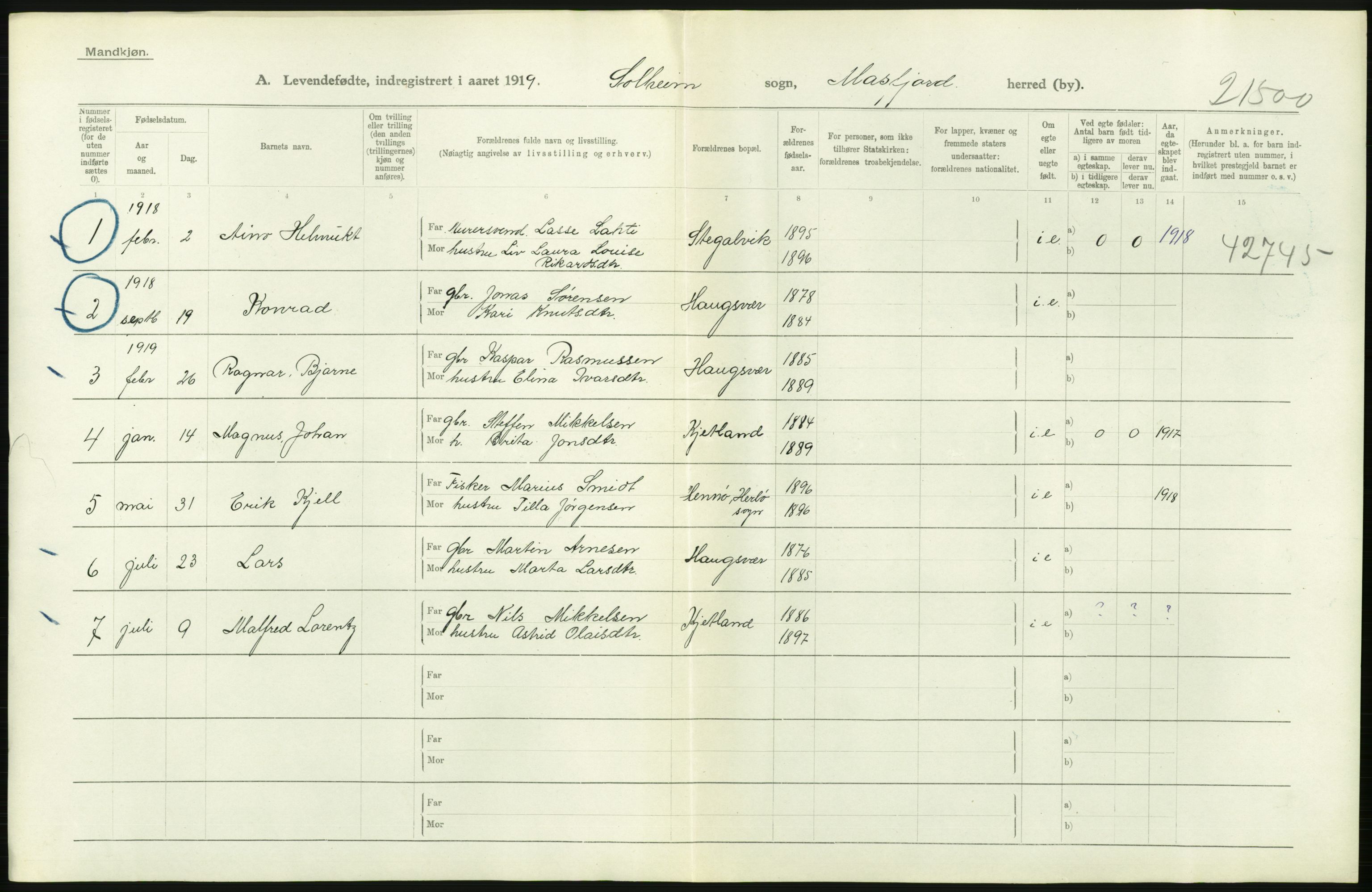 Statistisk sentralbyrå, Sosiodemografiske emner, Befolkning, RA/S-2228/D/Df/Dfb/Dfbi/L0031: Hordaland fylke: Levendefødte menn og kvinner. Bygder., 1919, p. 86