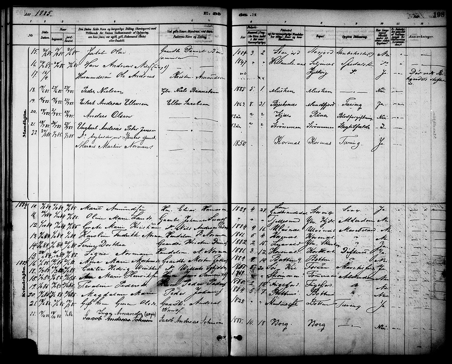 Ministerialprotokoller, klokkerbøker og fødselsregistre - Nordland, AV/SAT-A-1459/861/L0868: Parish register (official) no. 861A03, 1879-1889, p. 198