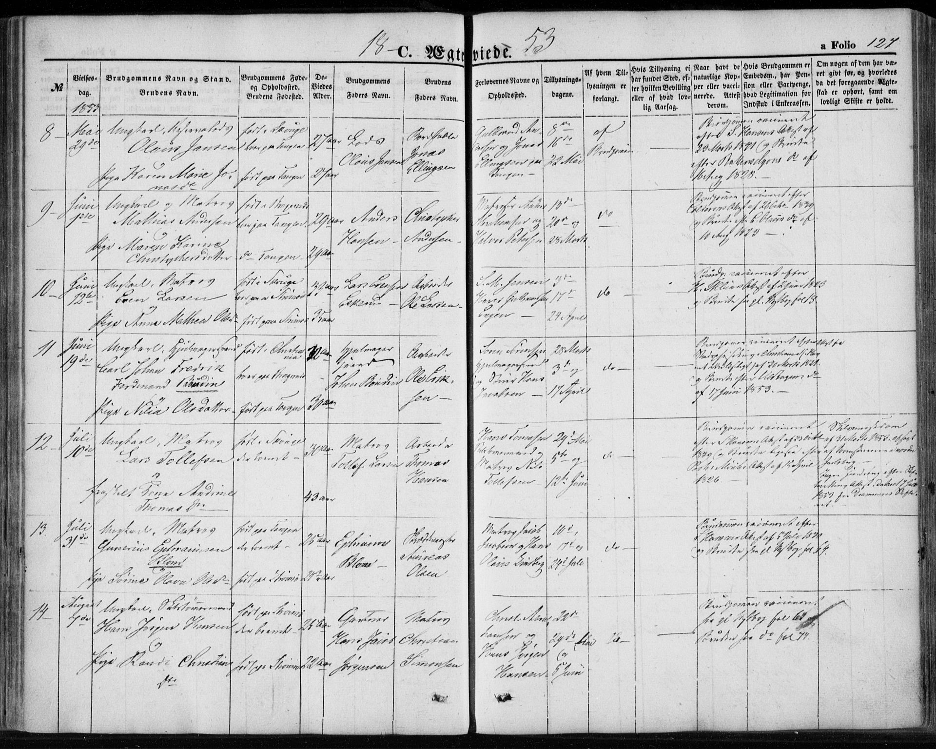 Strømsø kirkebøker, AV/SAKO-A-246/F/Fa/L0017: Parish register (official) no. I 17, 1848-1865, p. 127