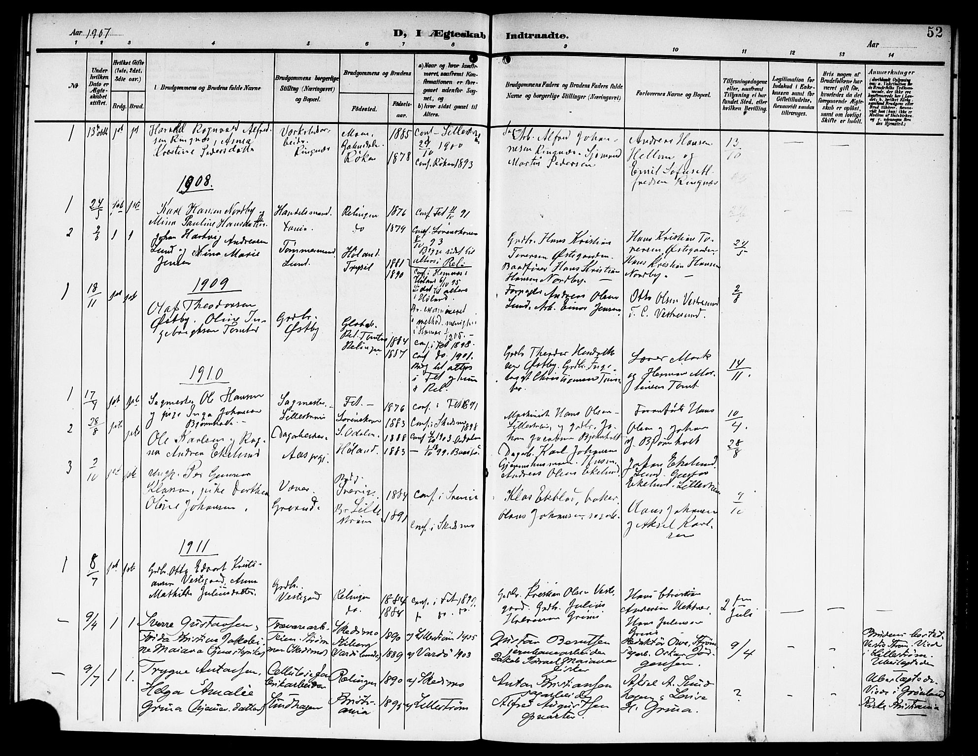 Fet prestekontor Kirkebøker, AV/SAO-A-10370a/G/Gb/L0005: Parish register (copy) no. II 5, 1904-1913, p. 52