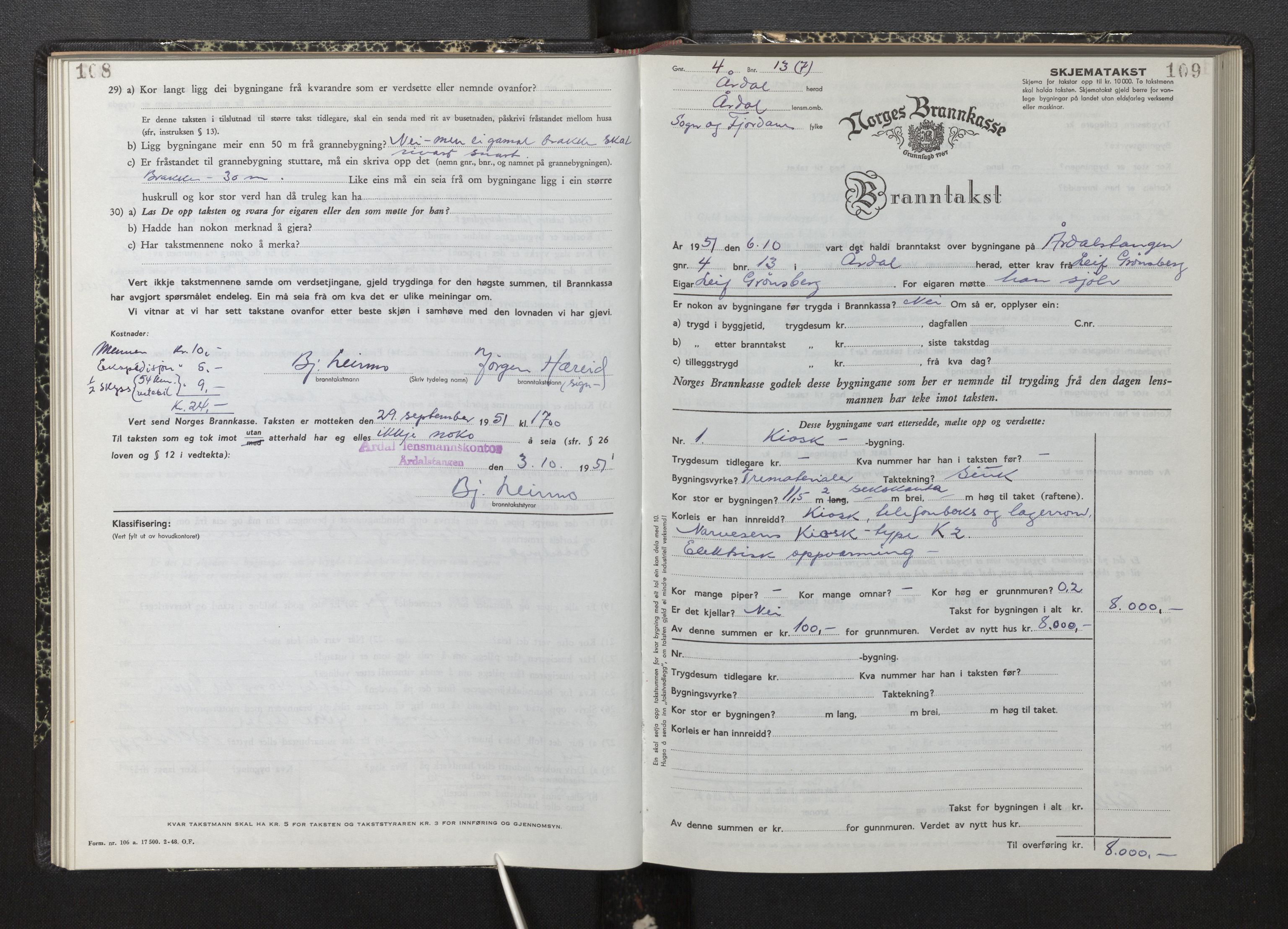 Lensmannen i Årdal, AV/SAB-A-30501/0012/L0012: Branntakstprotokoll, skjematakst, 1949-1955, p. 108-109