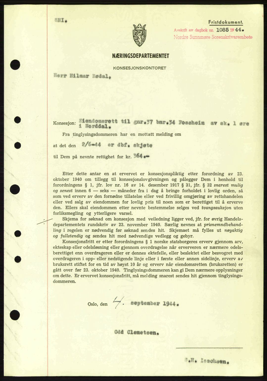 Nordre Sunnmøre sorenskriveri, SAT/A-0006/1/2/2C/2Ca: Mortgage book no. B6-14 a, 1942-1945, Diary no: : 1085/1944