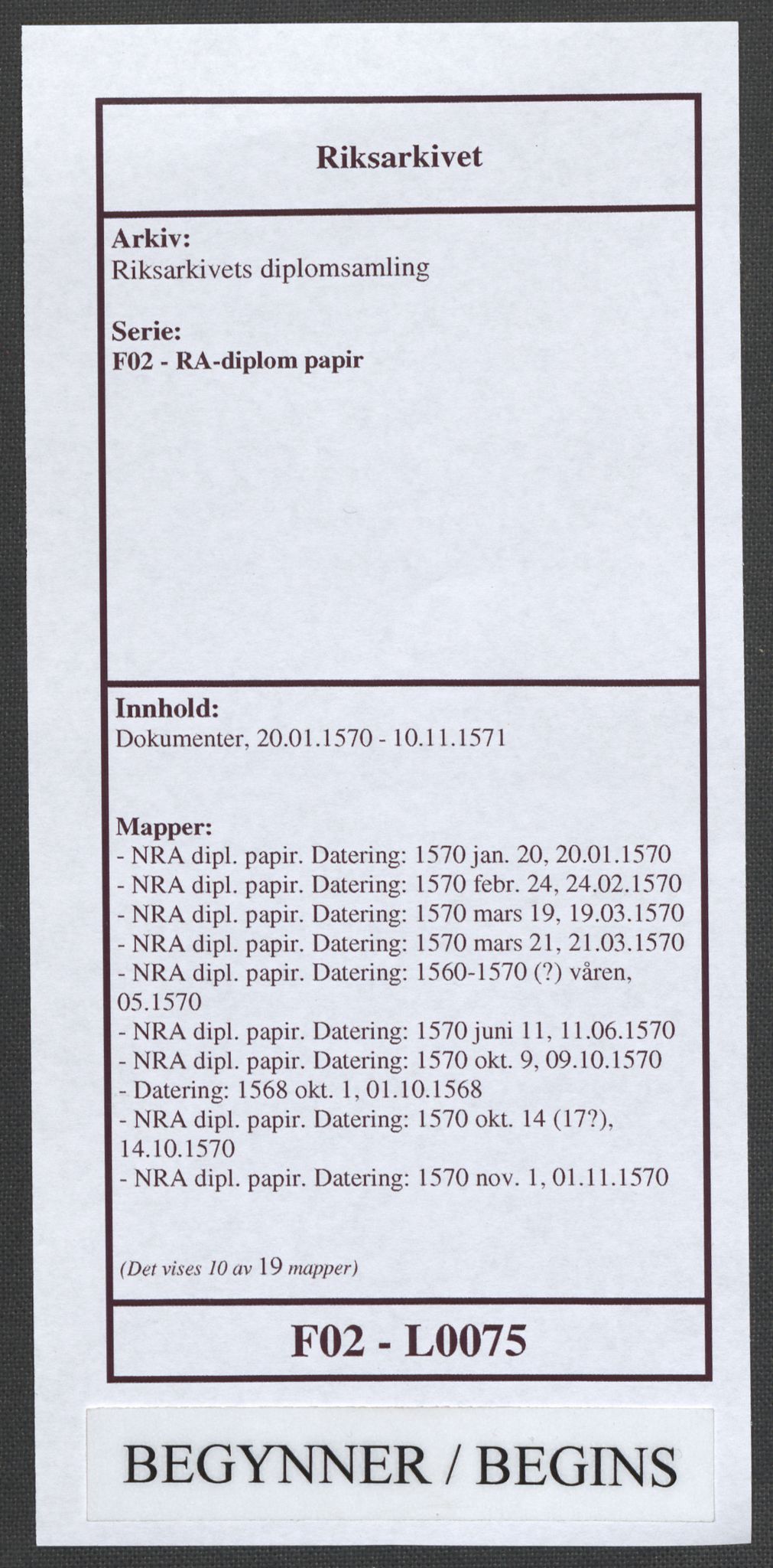 Riksarkivets diplomsamling, AV/RA-EA-5965/F02/L0075: Dokumenter, 1570-1571, p. 1