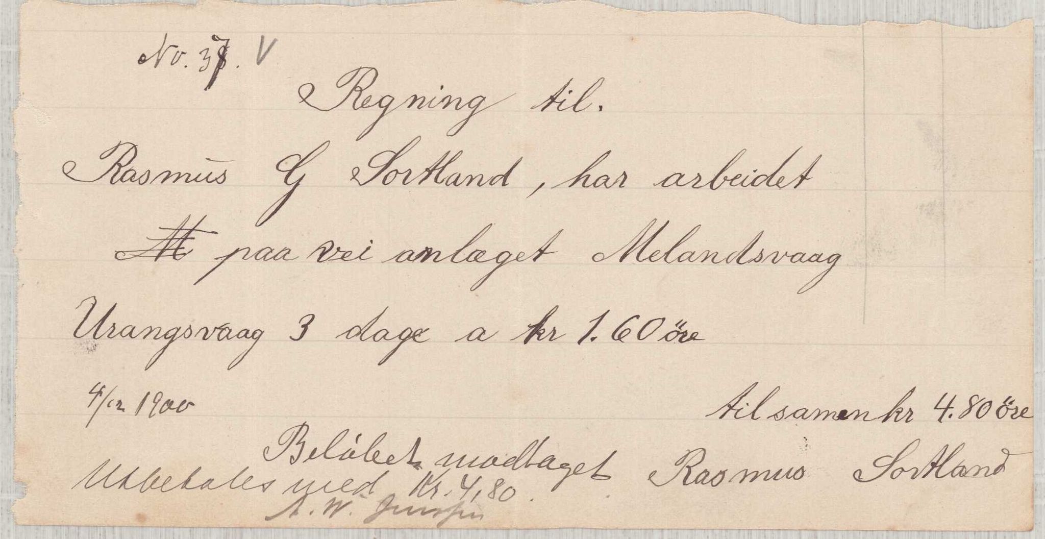 Finnaas kommune. Formannskapet, IKAH/1218a-021/E/Ea/L0002/0001: Rekneskap for veganlegg / Rekneskap for veganlegget Urangsvåg - Mælandsvåg, 1898-1900, p. 184