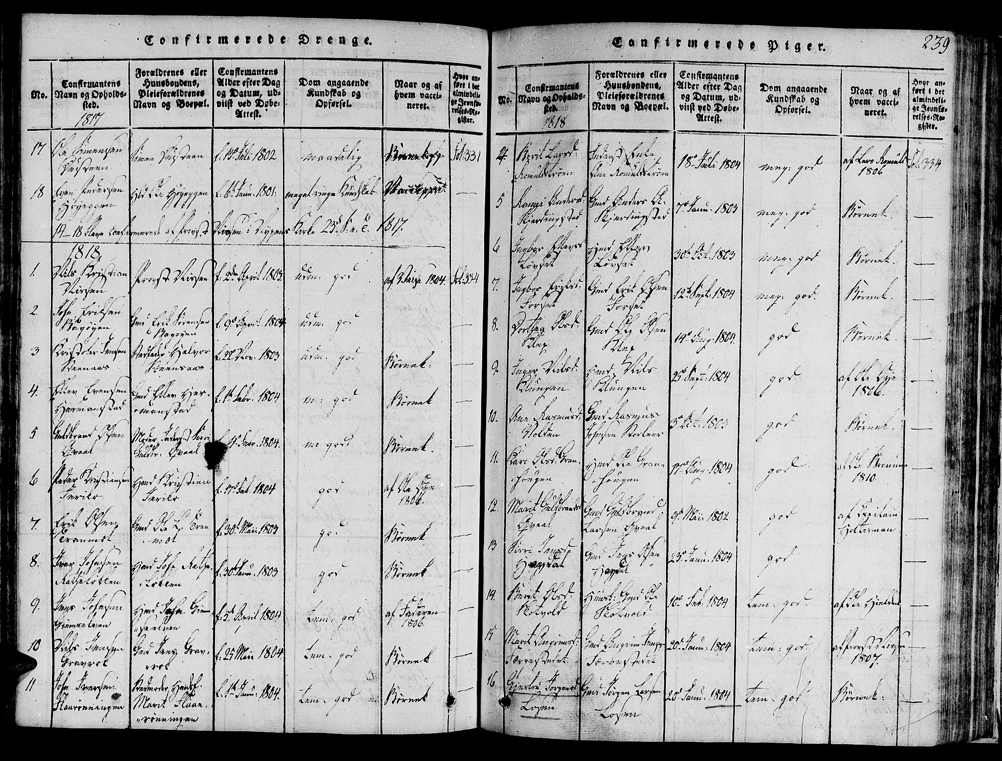 Ministerialprotokoller, klokkerbøker og fødselsregistre - Sør-Trøndelag, SAT/A-1456/691/L1065: Parish register (official) no. 691A03 /1, 1816-1826, p. 239