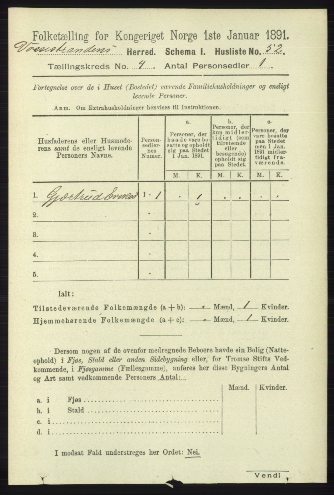 RA, 1891 census for 1236 Vossestrand, 1891, p. 1518