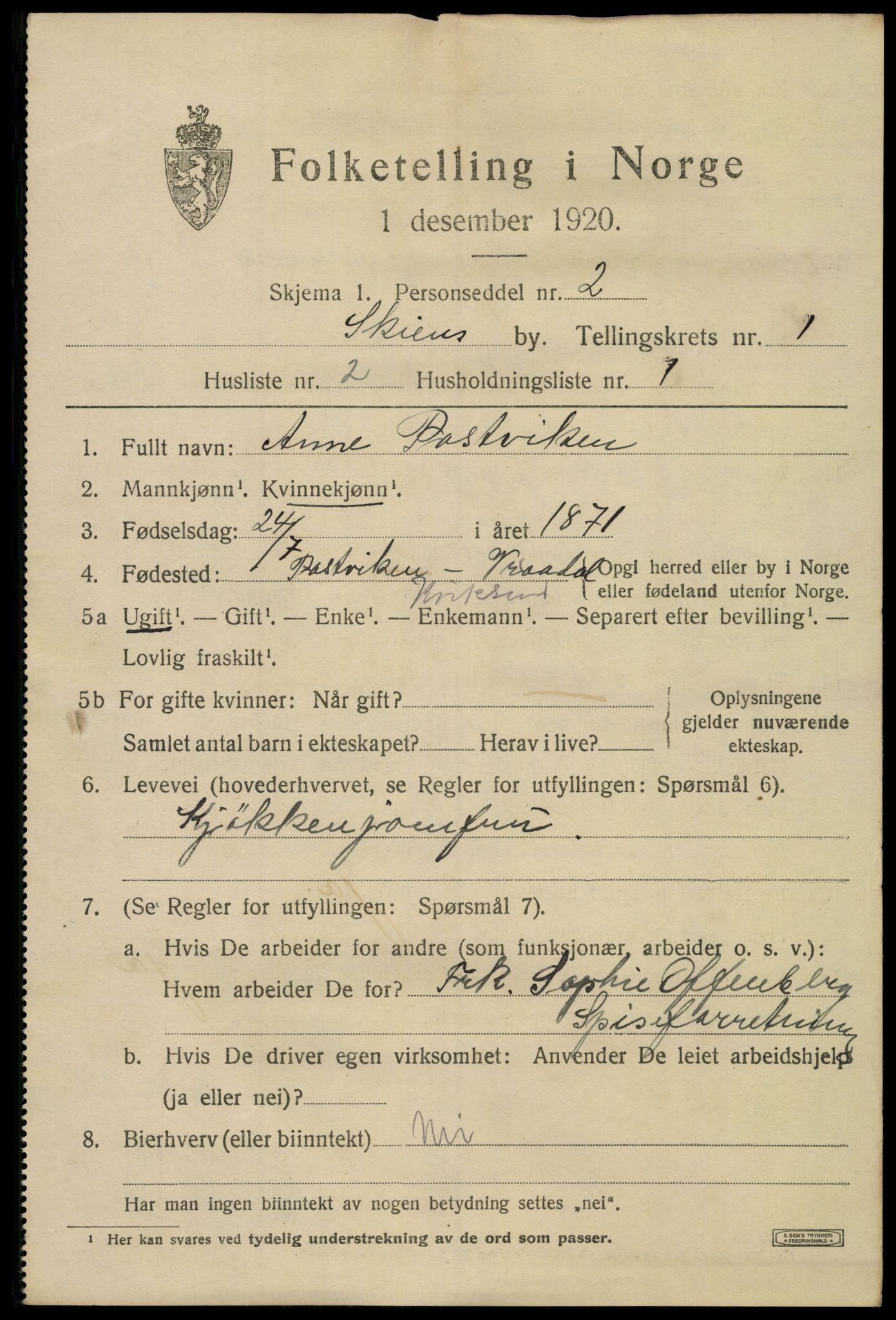 SAKO, 1920 census for Skien, 1920, p. 12148