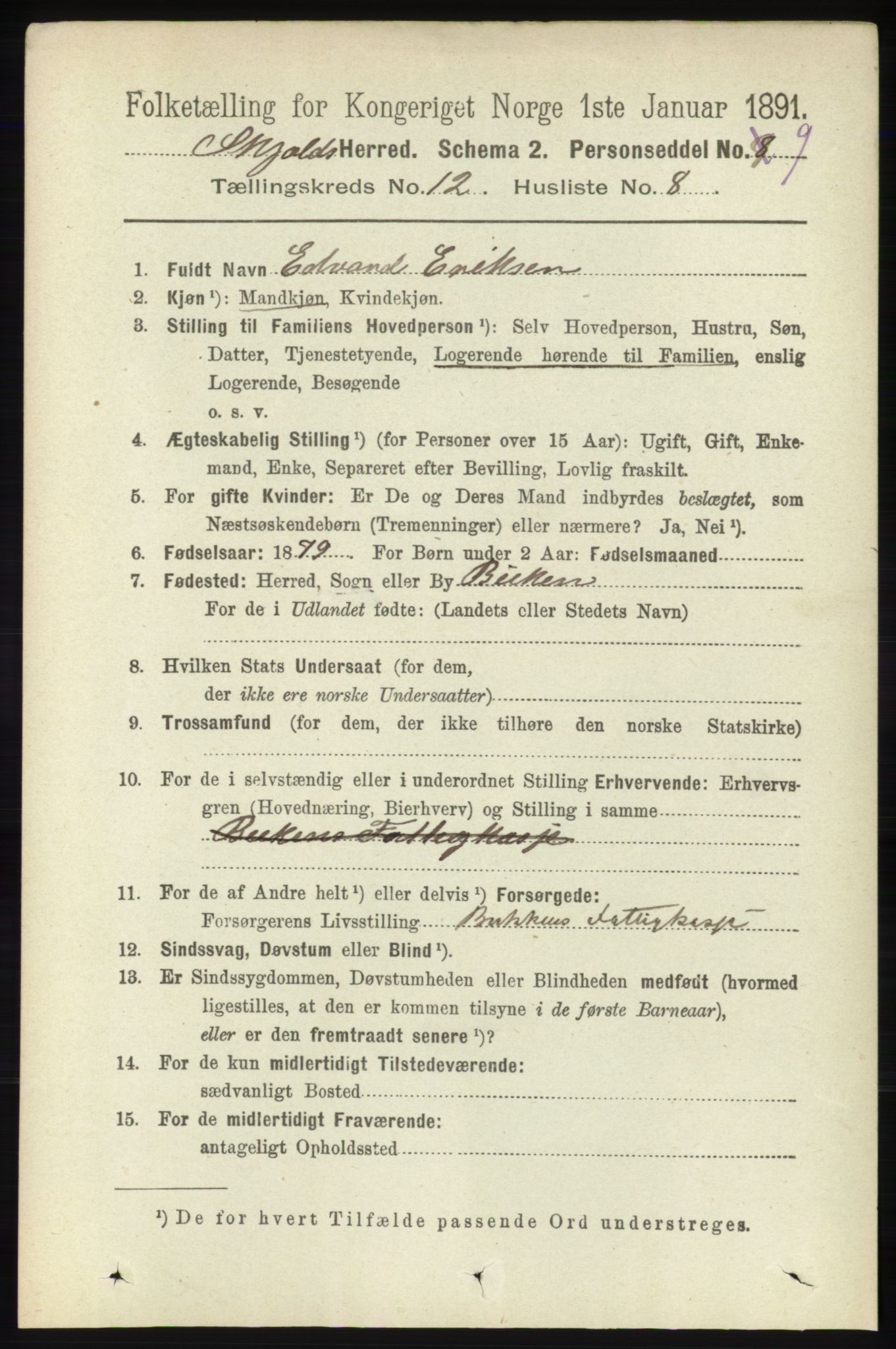 RA, 1891 census for 1154 Skjold, 1891, p. 2286