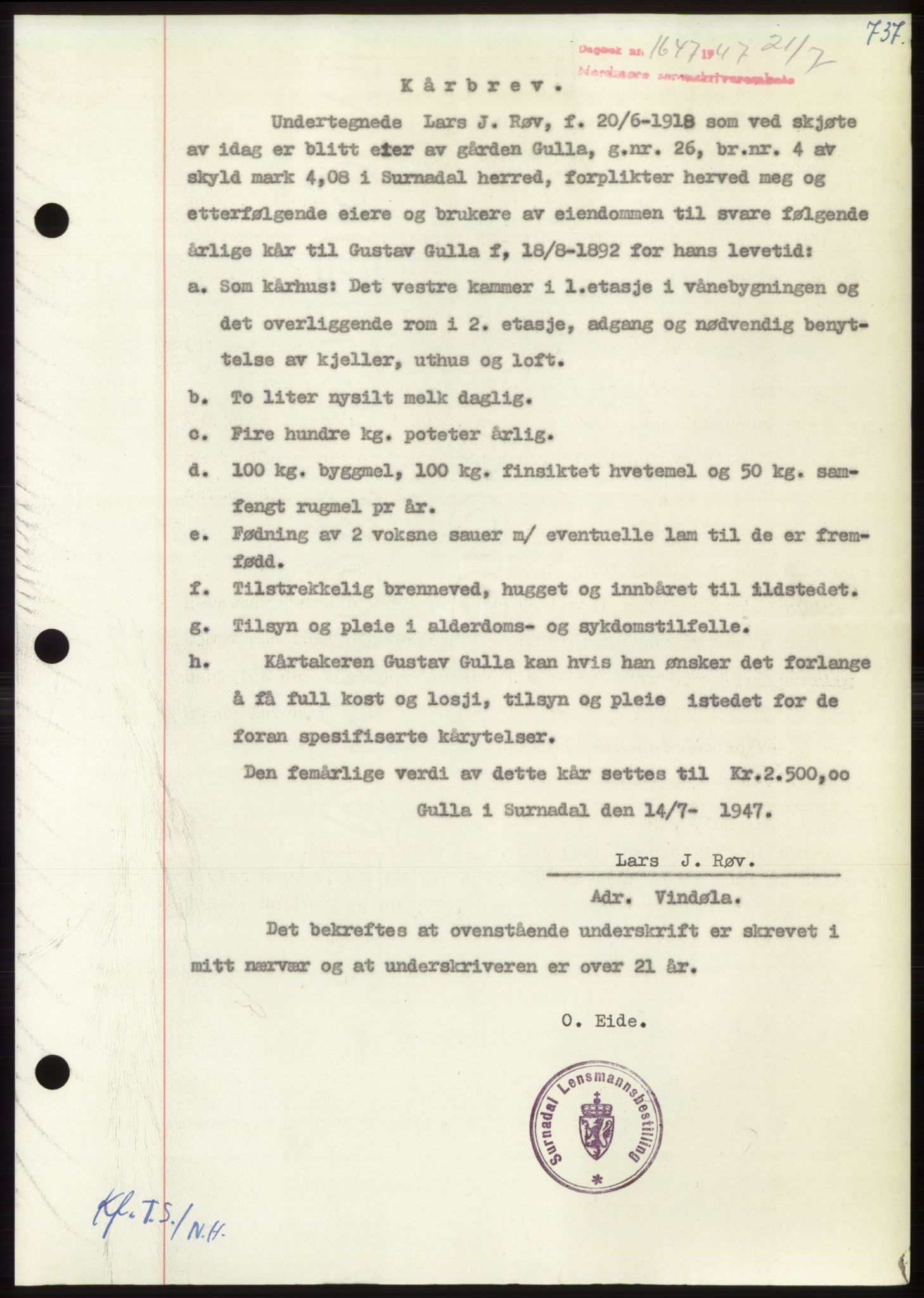 Nordmøre sorenskriveri, AV/SAT-A-4132/1/2/2Ca: Mortgage book no. B96, 1947-1947, Diary no: : 1647/1947