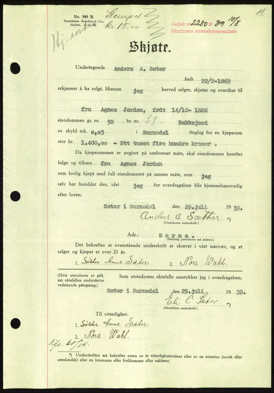 Nordmøre sorenskriveri, AV/SAT-A-4132/1/2/2Ca: Mortgage book no. A87, 1939-1940, Diary no: : 2280/1939