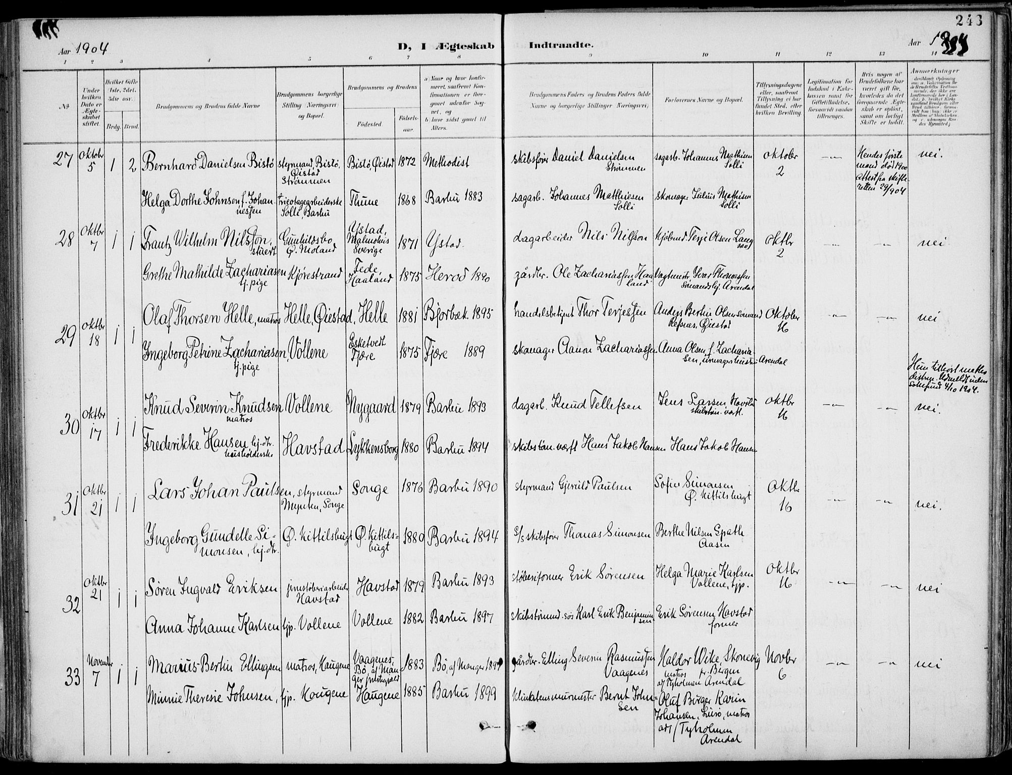 Barbu sokneprestkontor, AV/SAK-1111-0003/F/Fa/L0005: Parish register (official) no. A 5, 1899-1909, p. 243