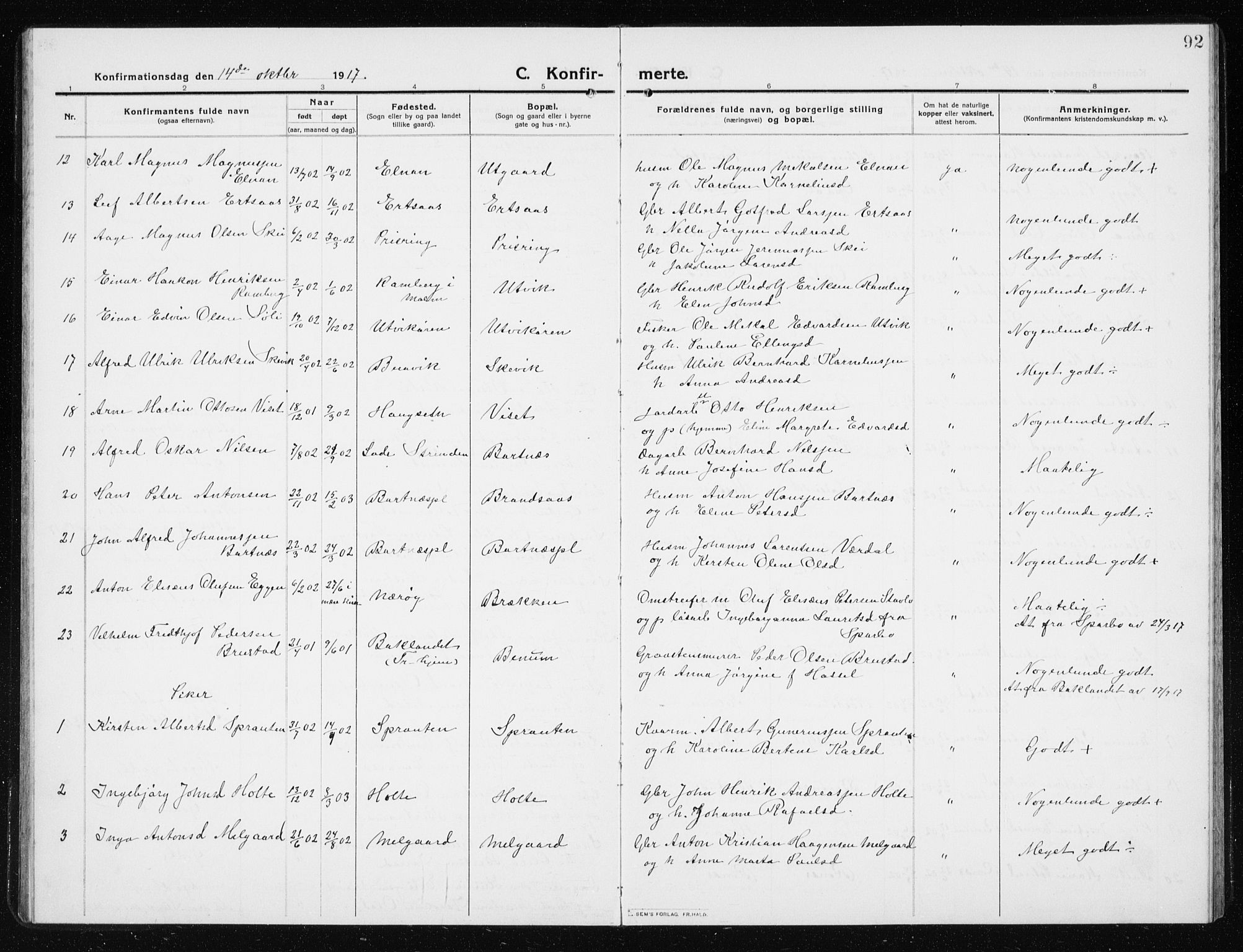 Ministerialprotokoller, klokkerbøker og fødselsregistre - Nord-Trøndelag, SAT/A-1458/741/L0402: Parish register (copy) no. 741C03, 1911-1926, p. 92