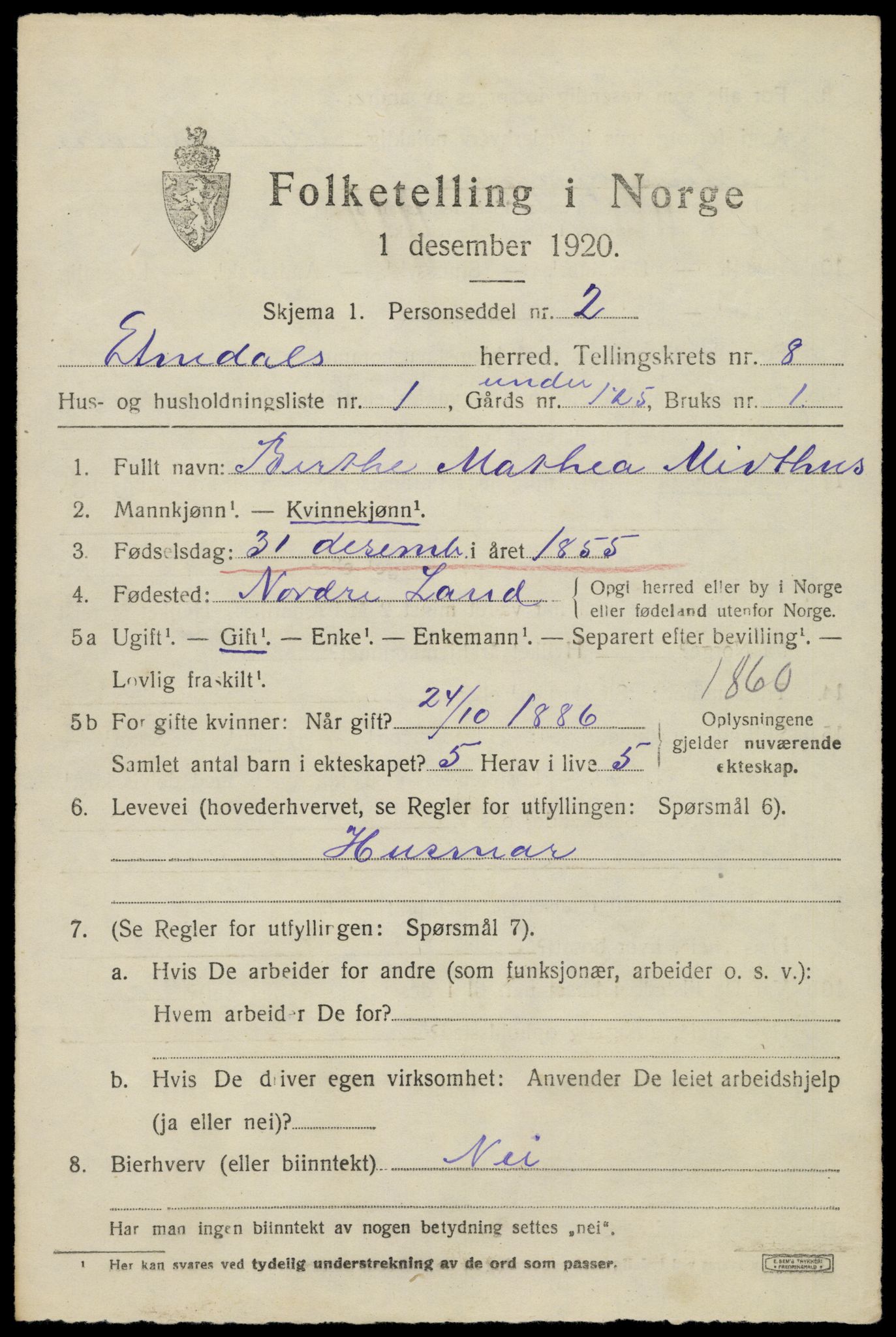 SAH, 1920 census for Etnedal, 1920, p. 3510