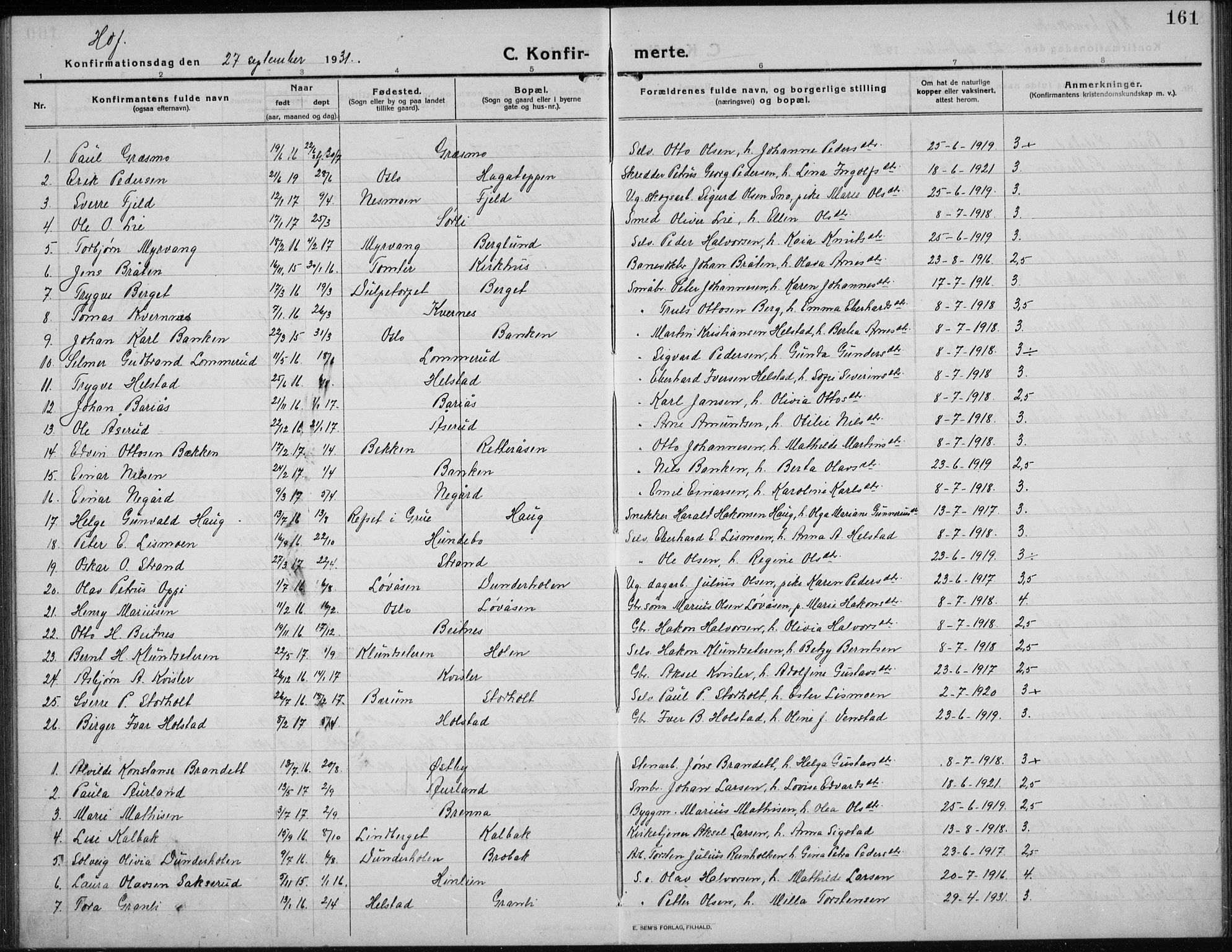 Hof prestekontor, SAH/PREST-038/H/Ha/Hab/L0002: Parish register (copy) no. 2, 1915-1934, p. 161